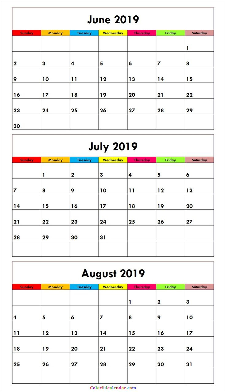 3 Month June July August 2019 Calendar Green | June Calendar | Calendar May June July August