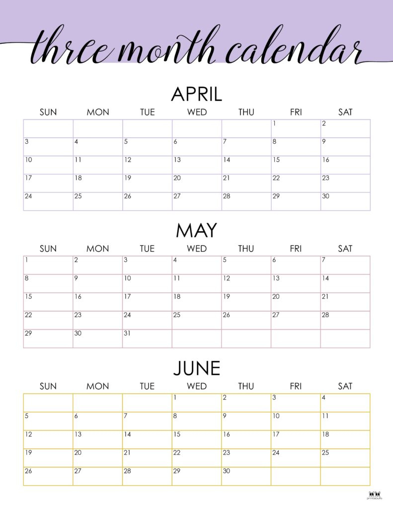 3 Month/Quarterly Calendars - 84 Free Printables | Printabulls | 3 Month Calendar May June July