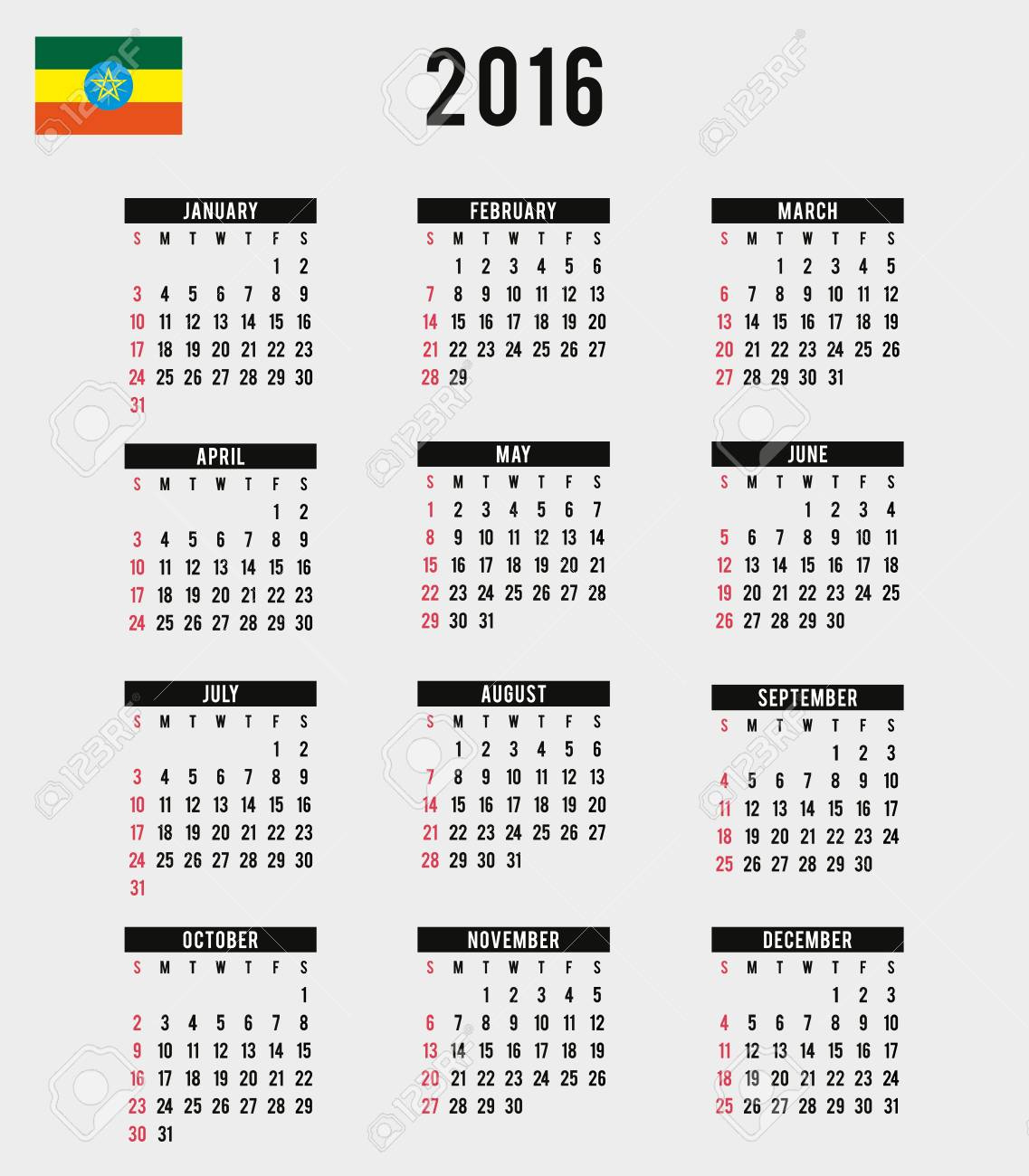 A 2016 Calendar With The Flag Of Ethiopia Stock Photo, Picture And | June 5 In Ethiopian Calendar