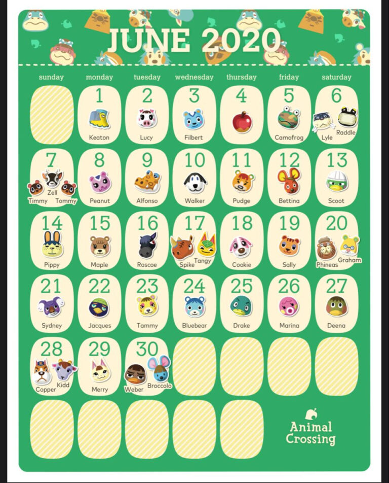 Animal Crossing Calendar With Adorable Characters | Animal Crossing Birthday Calendar June