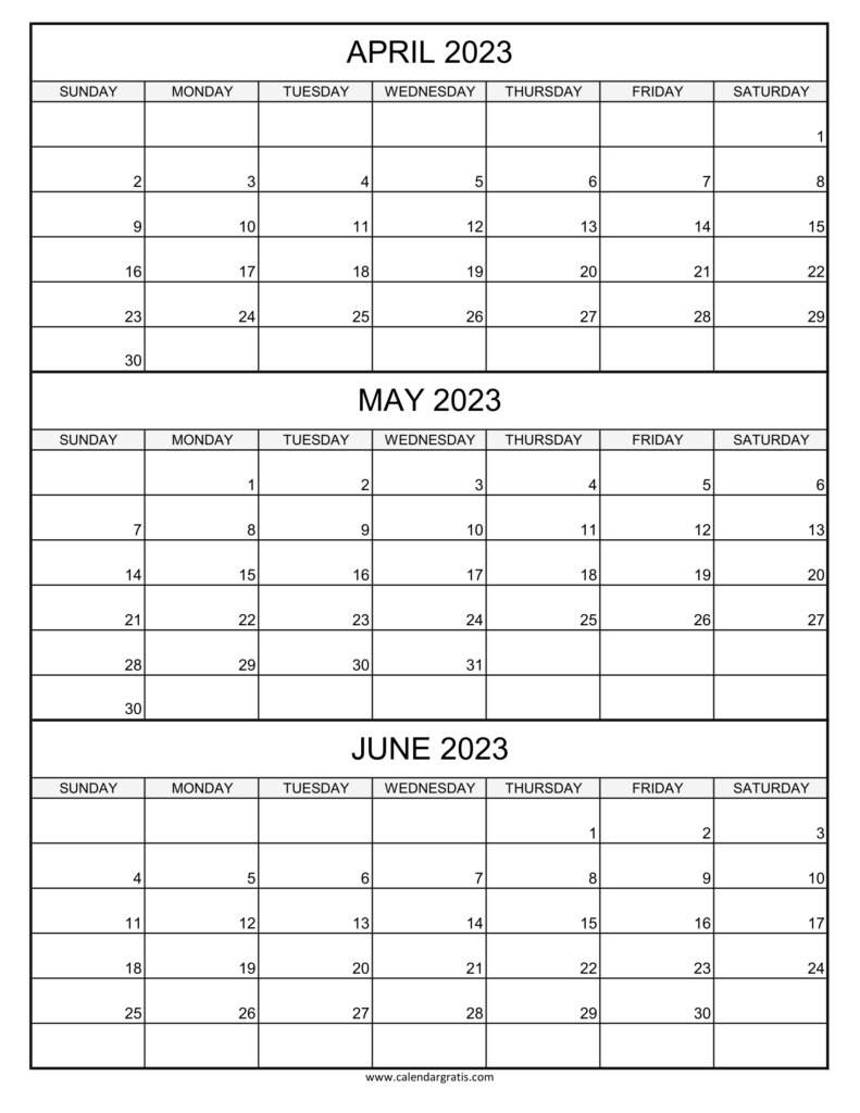 April May June 2023 Calendar Printable Template | Three Month Calendar | April May June Calendar Printable