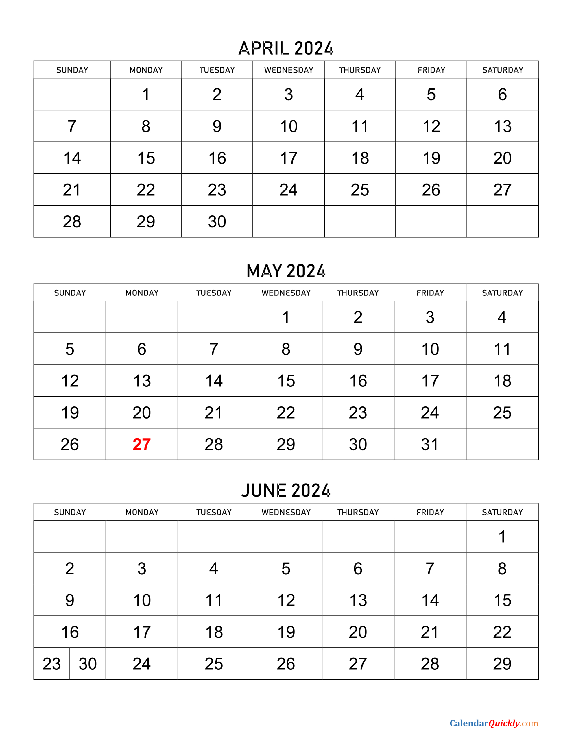 April To June 2024 Calendar | Calendar Quickly | 3 Month Calendar 2024 April May June