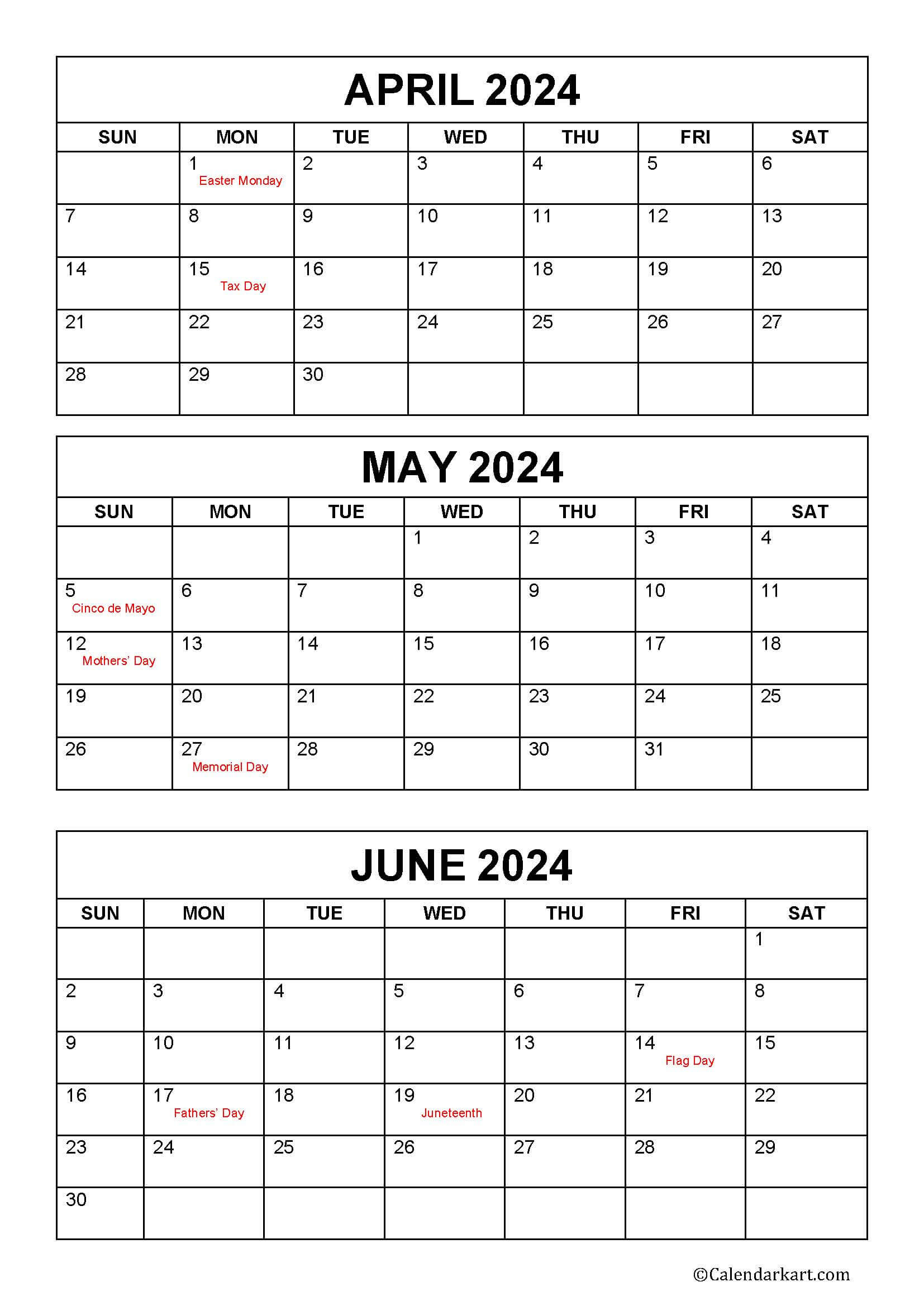 April To June 2024 Calendars (Q2): Free Printables - Calendarkart | 2024 April May June Calendar