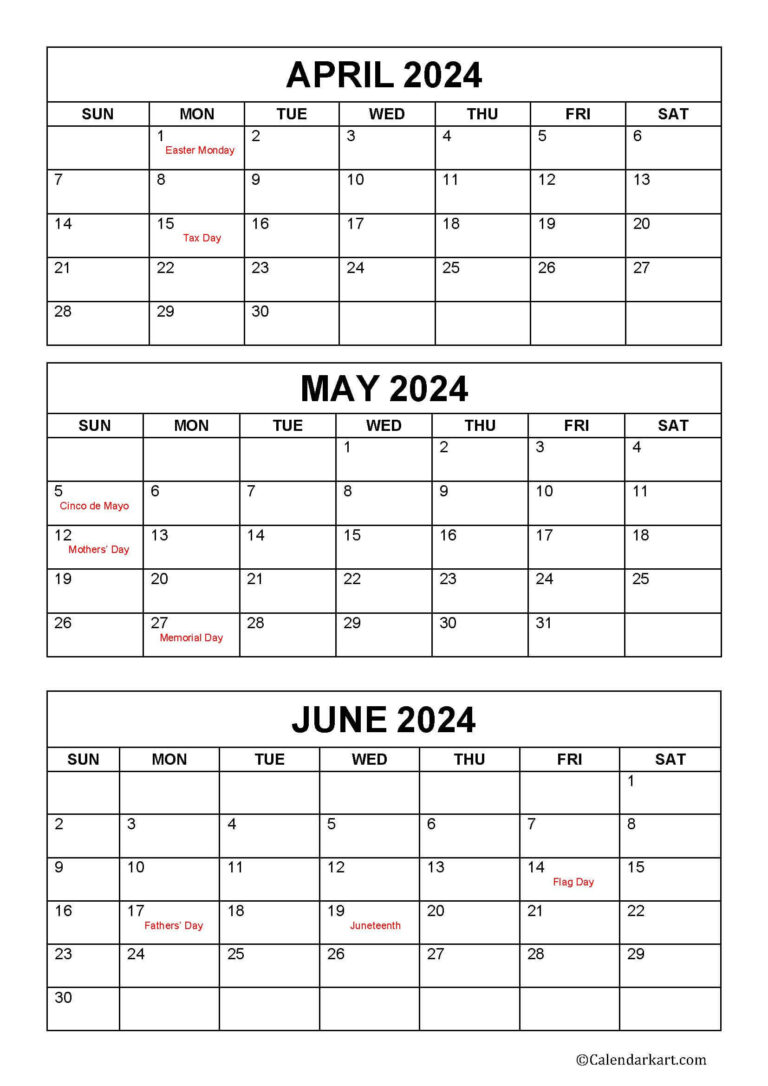 April To June 2024 Calendars (Q2): Free Printables - Calendarkart | April May June Calendar Printable