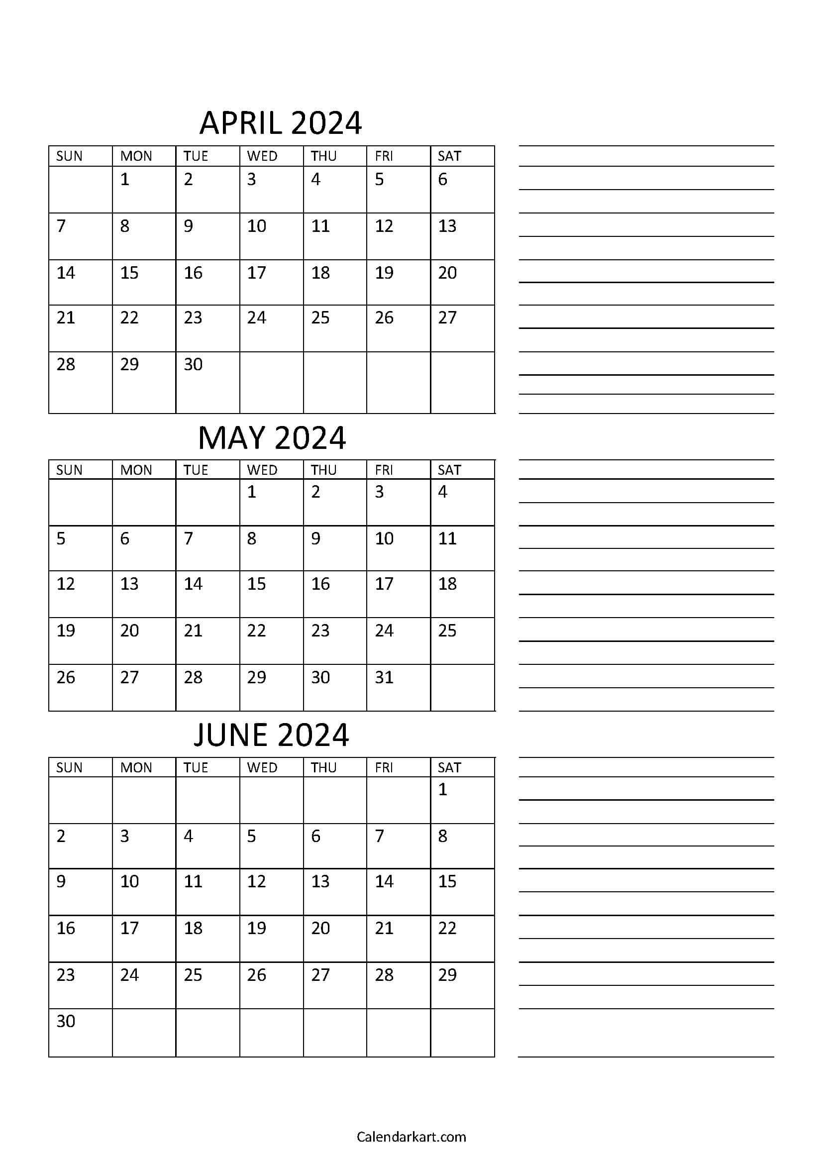 April To June 2024 Calendars (Q2): Free Printables - Calendarkart | April May June July 2024 Calendar