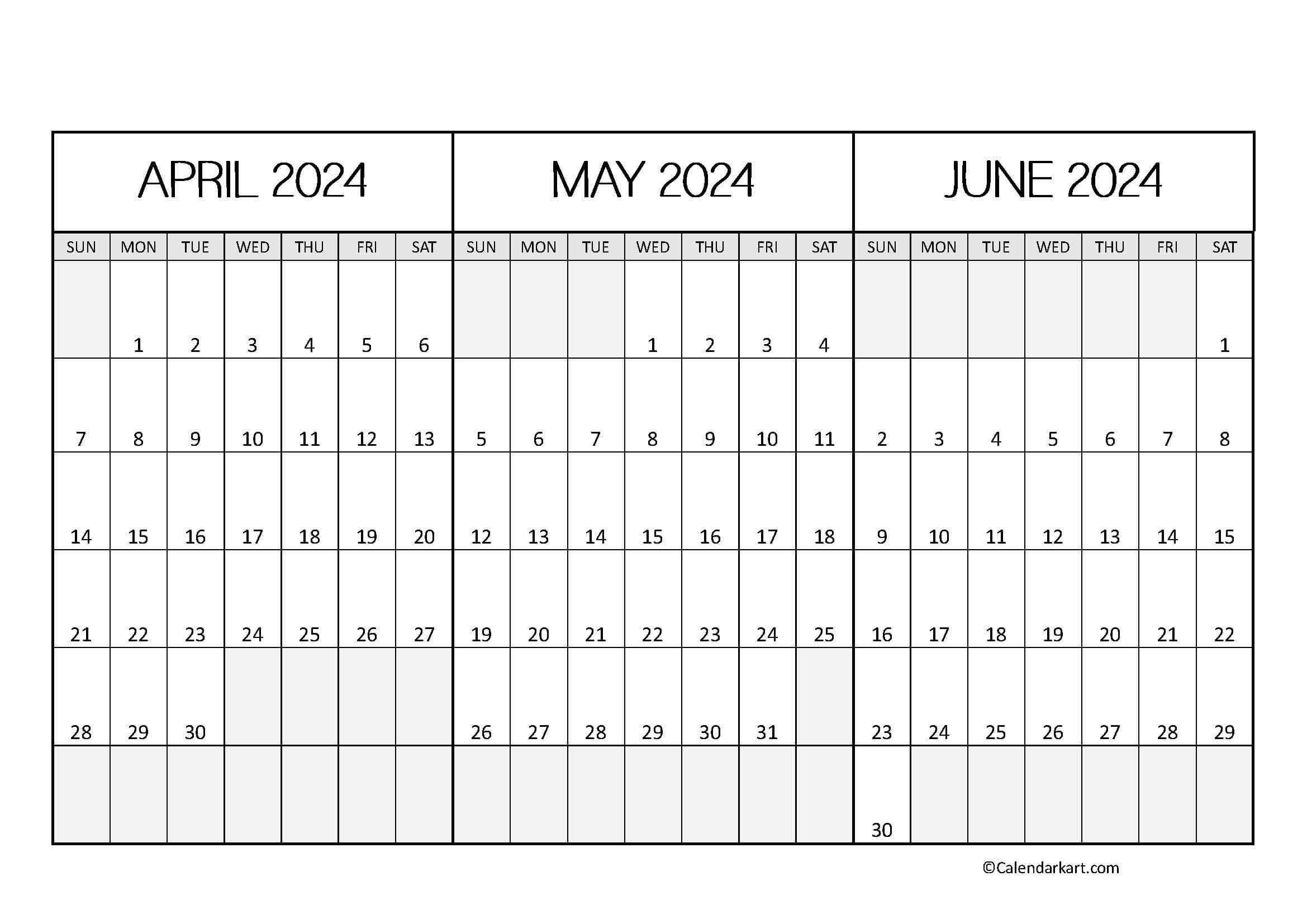 April To June 2024 Calendars (Q2): Free Printables - Calendarkart | April to June 2024 Calendar