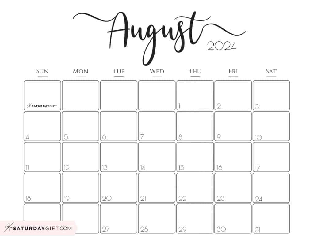 August 2024 Calendar - 20 Cute &amp;amp; Free Printables | Saturdaygift | Free June July August 2024 Calendar