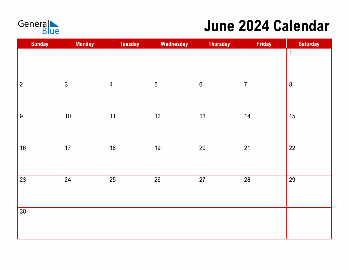 Basic Monthly Calendar - June 2024 | General Blue Calendar June 2024