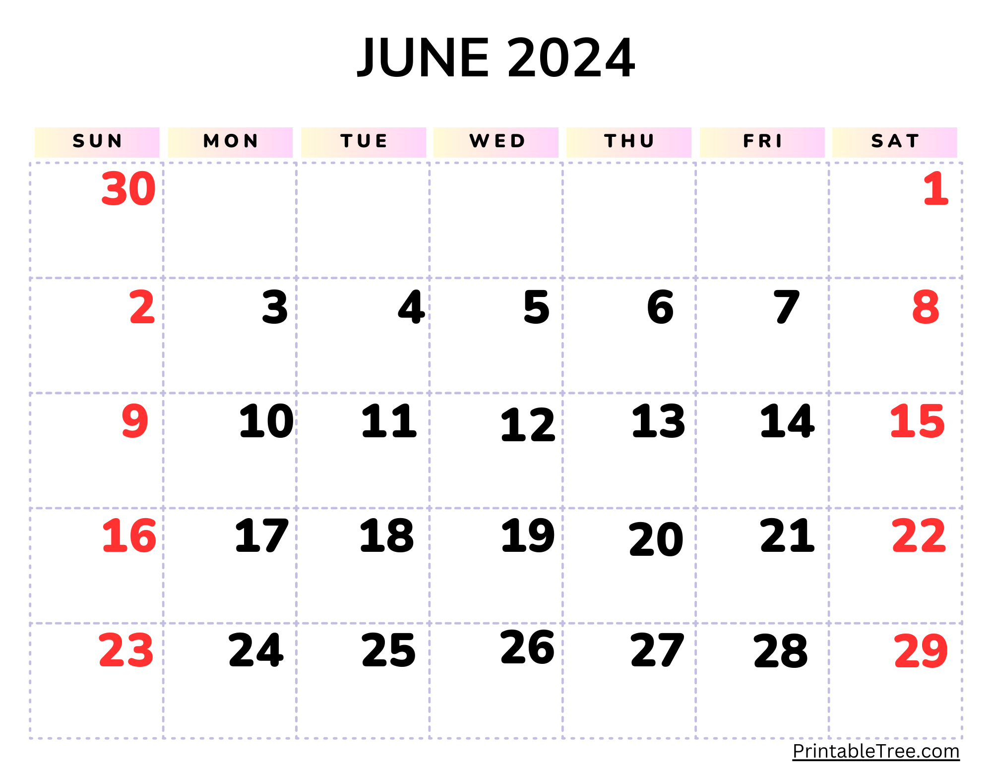 Blank June 2024 Calendar Printable Pdf Templates Free Download | Large Print June 2024 Calendar