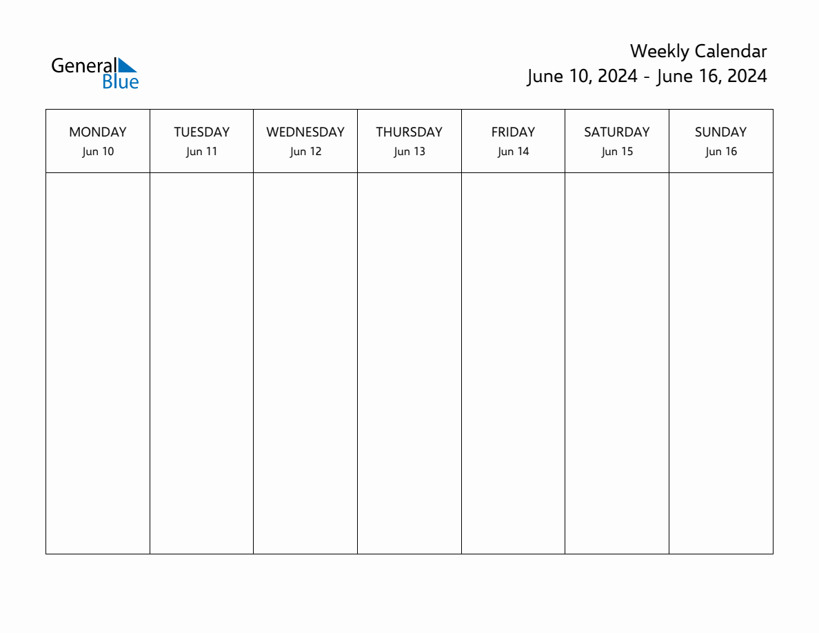 Blank Weekly Calendar For The Week Of June 10, 2024 | General Blue Calendar June 2024