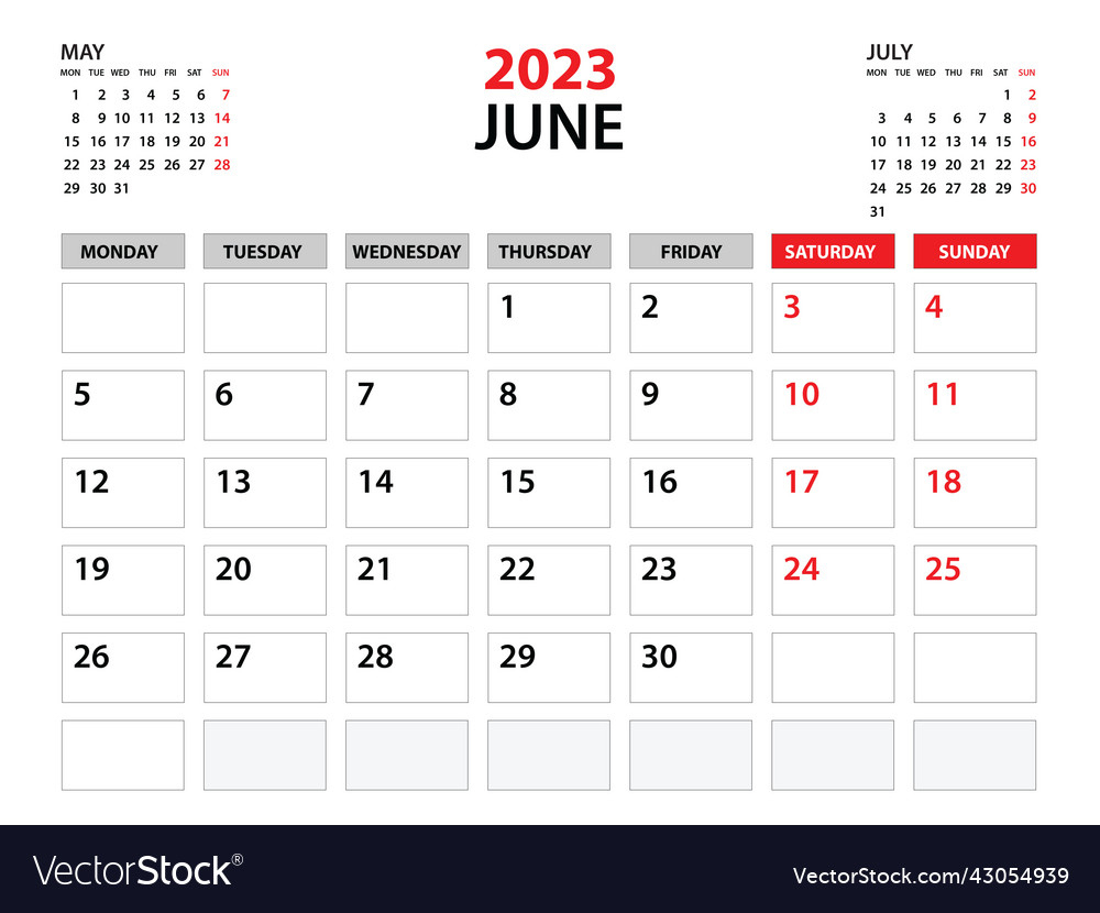 Calendar 2023 Template- June Year Planner Vector Image | A Calendar Year Is July 1 to June 30