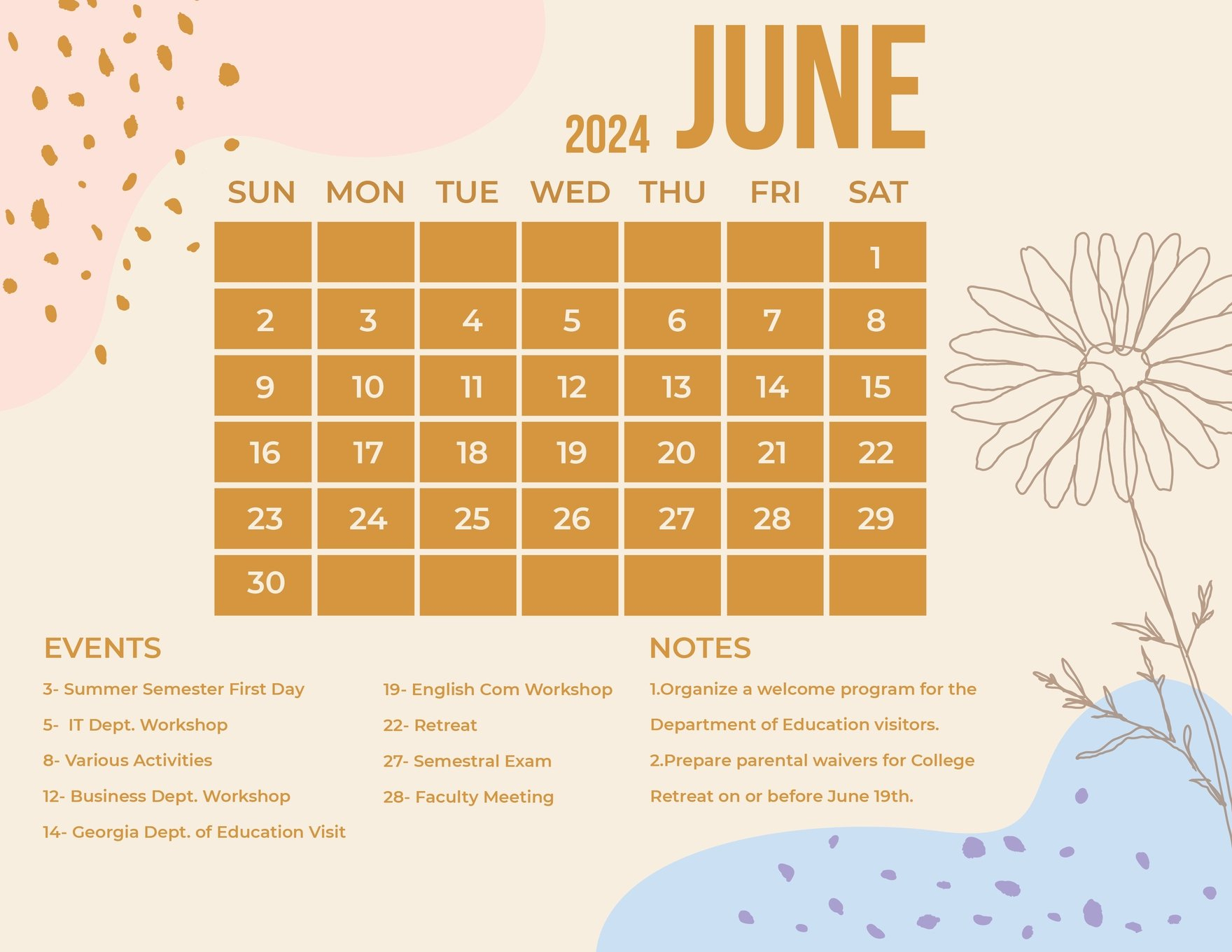 Colorful June 2024 Calendar In Eps, Illustrator, Jpg, Word, Svg | Editable June 2024 Calendar Word