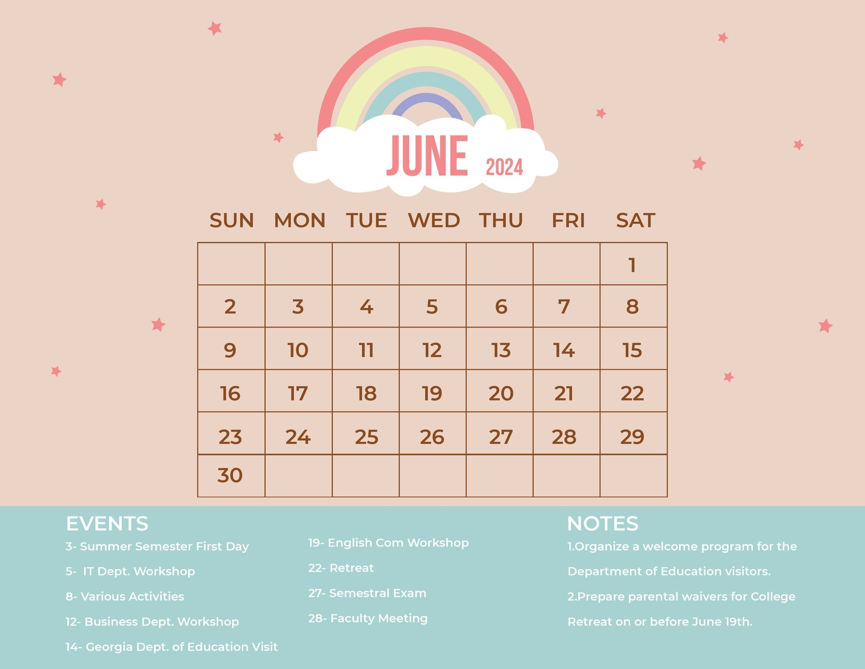 Cute June 2024 Calendar In Eps, Illustrator, Jpg, Word, Svg | Calendar Template June 2024 Word