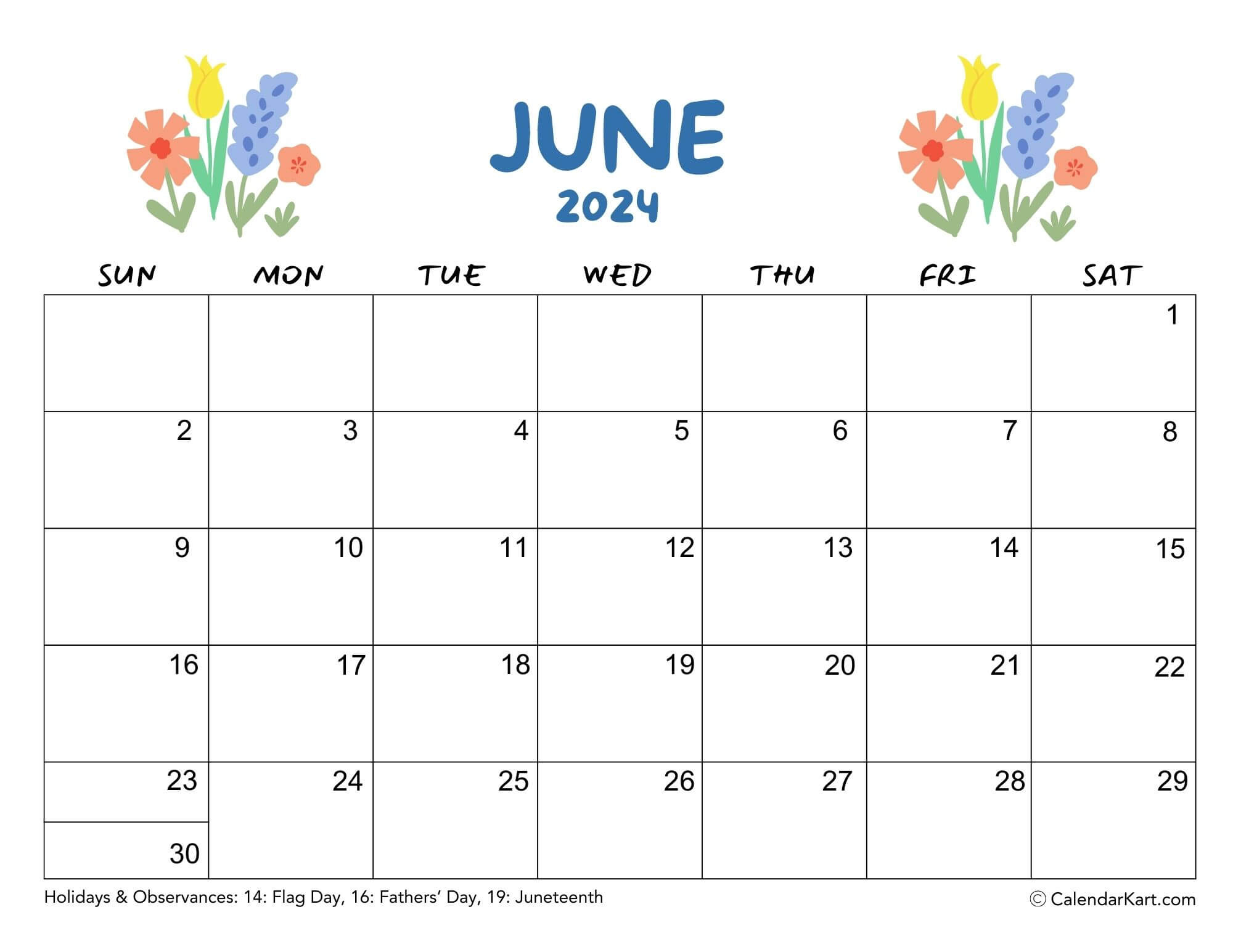 Download Free Printable June 2024 Calendar At Calendarkart | Blank June 2024 Calendar Editable