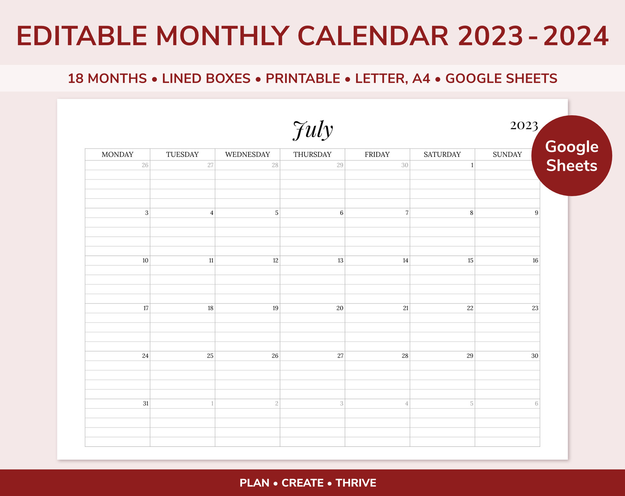 Editable 2023 2024 Monthly Calendar Template For Google Sheets 18 | June 2024 Calendar Google Sheets