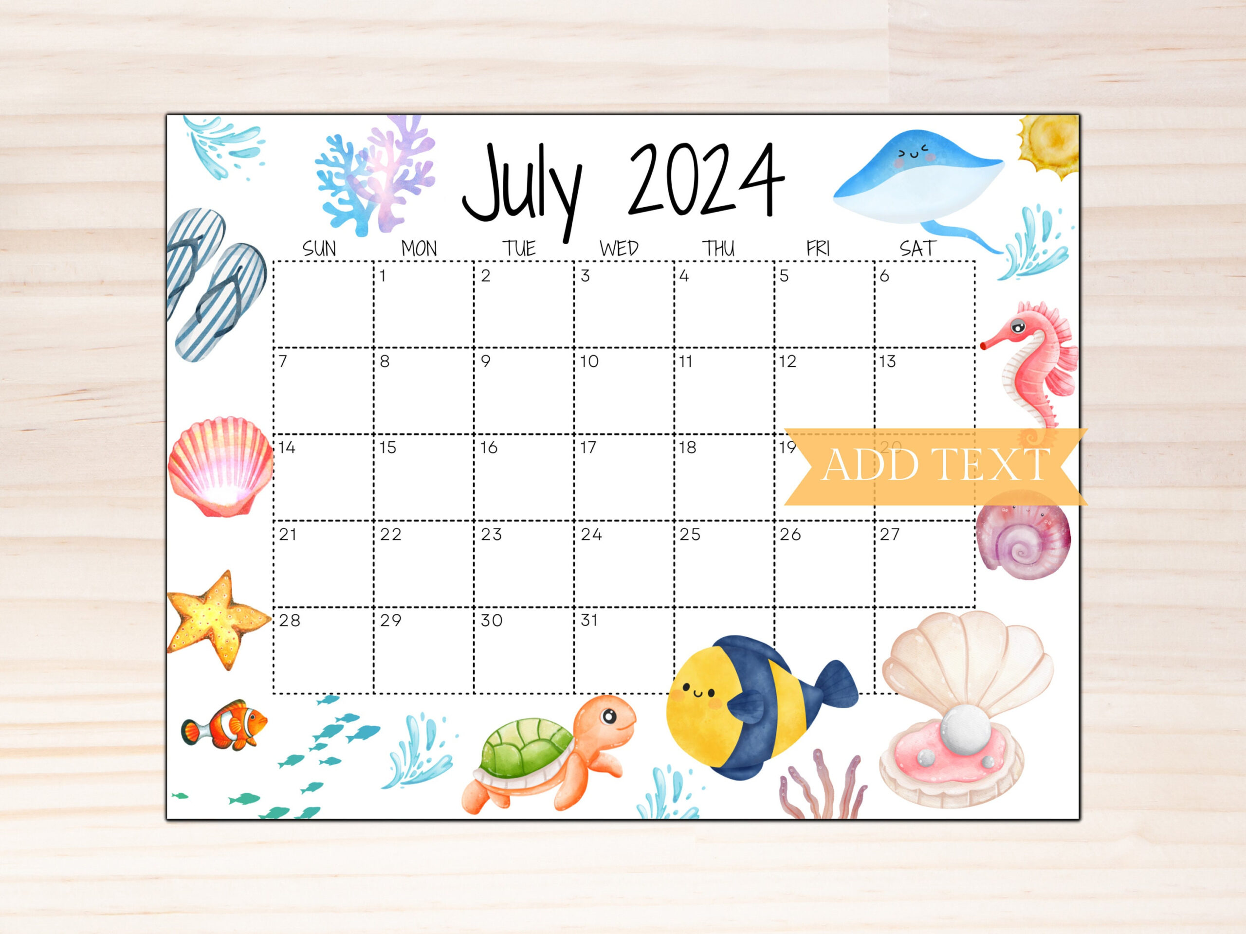 Editable July 2024 Summer Calendar, Printable Calendar W/ Cute Sea | Calendar July 2024 to June 2024 Printable