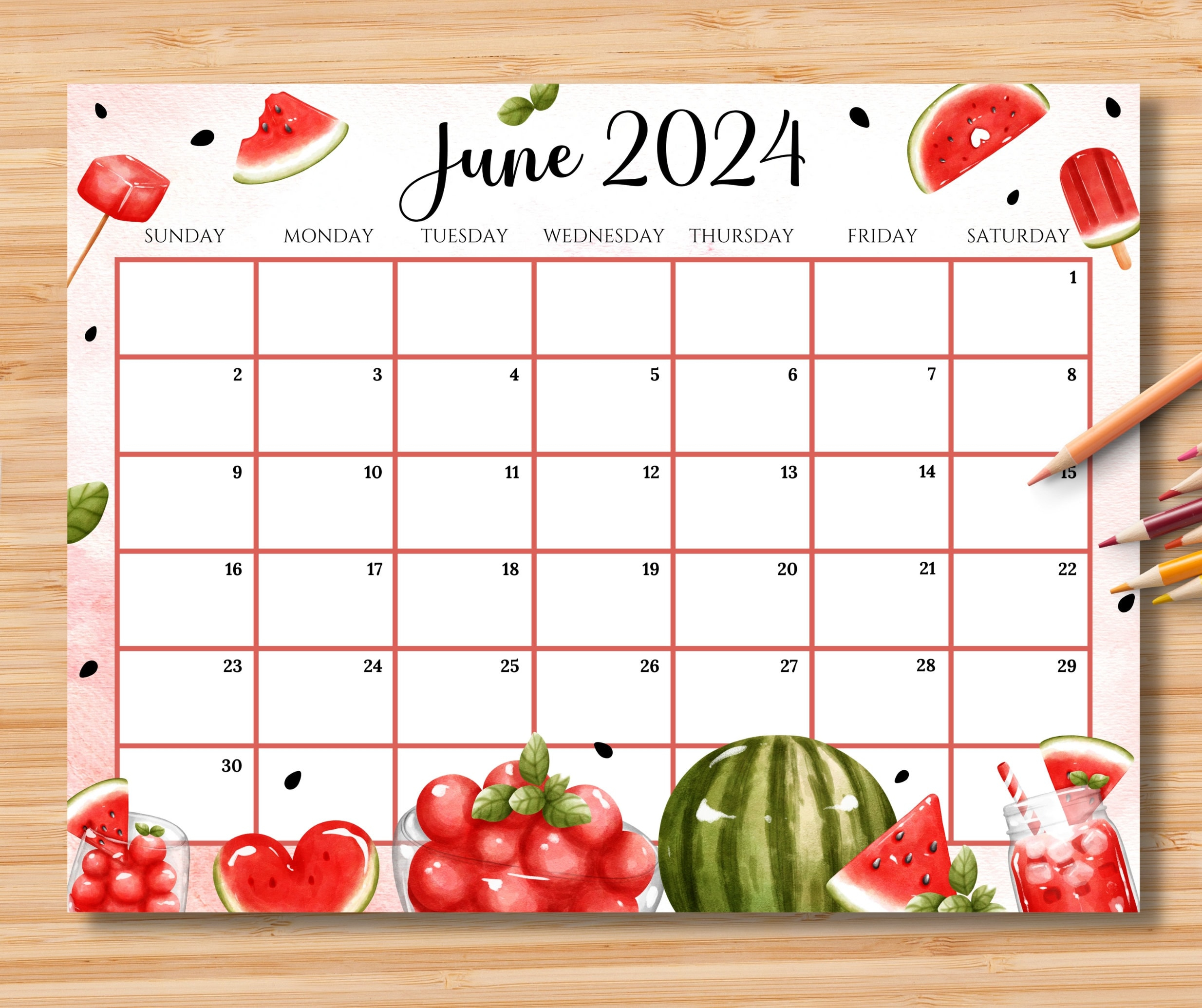 Editable June 2024 Calendar, Happy Summer W/Sweet &amp;amp; Colorful | Editable June 2024 Calendar Template