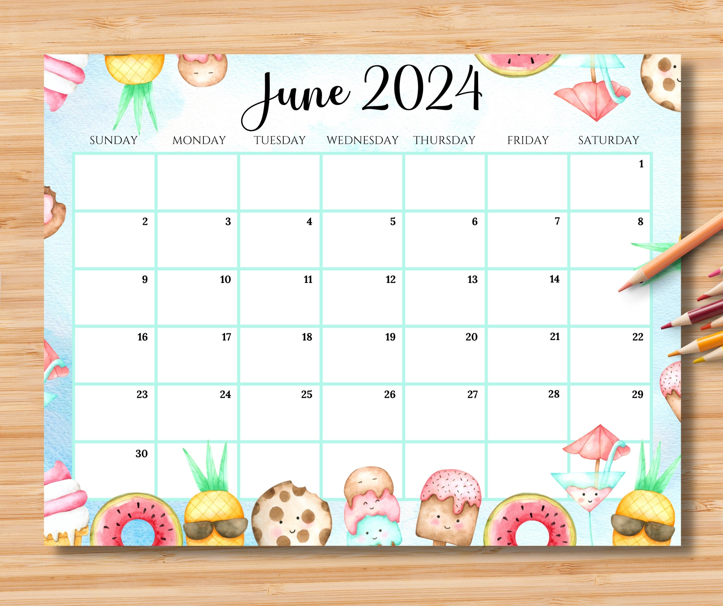 Editable June 2024 Calendar, Happy Summer With Sweet Drinks | Blank Fillable Calendar June 2024