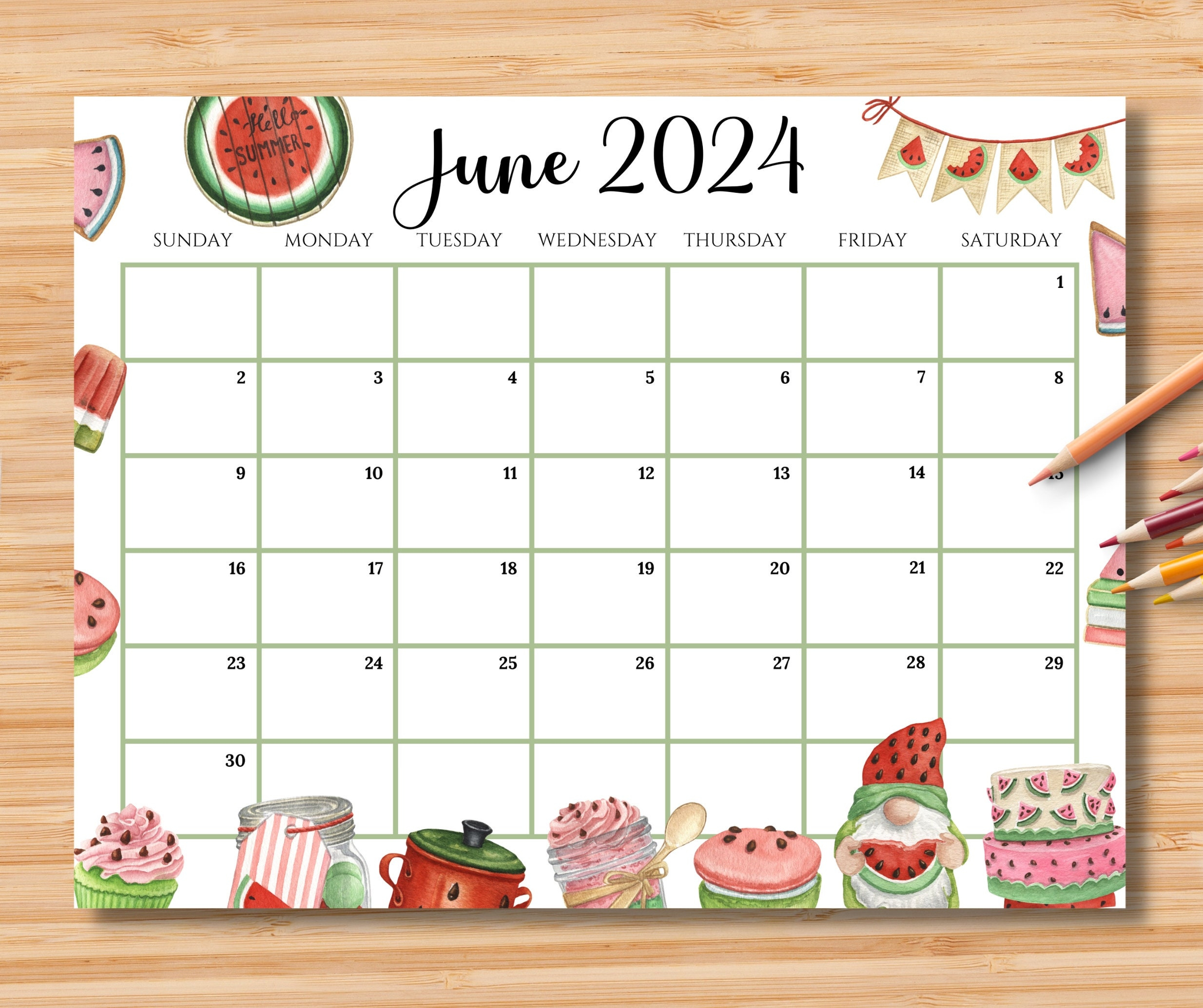 Editable June 2024 Calendar, Hello Summer W/ Cute Gnome And | Turning Stone Bingo Calendar June 2024