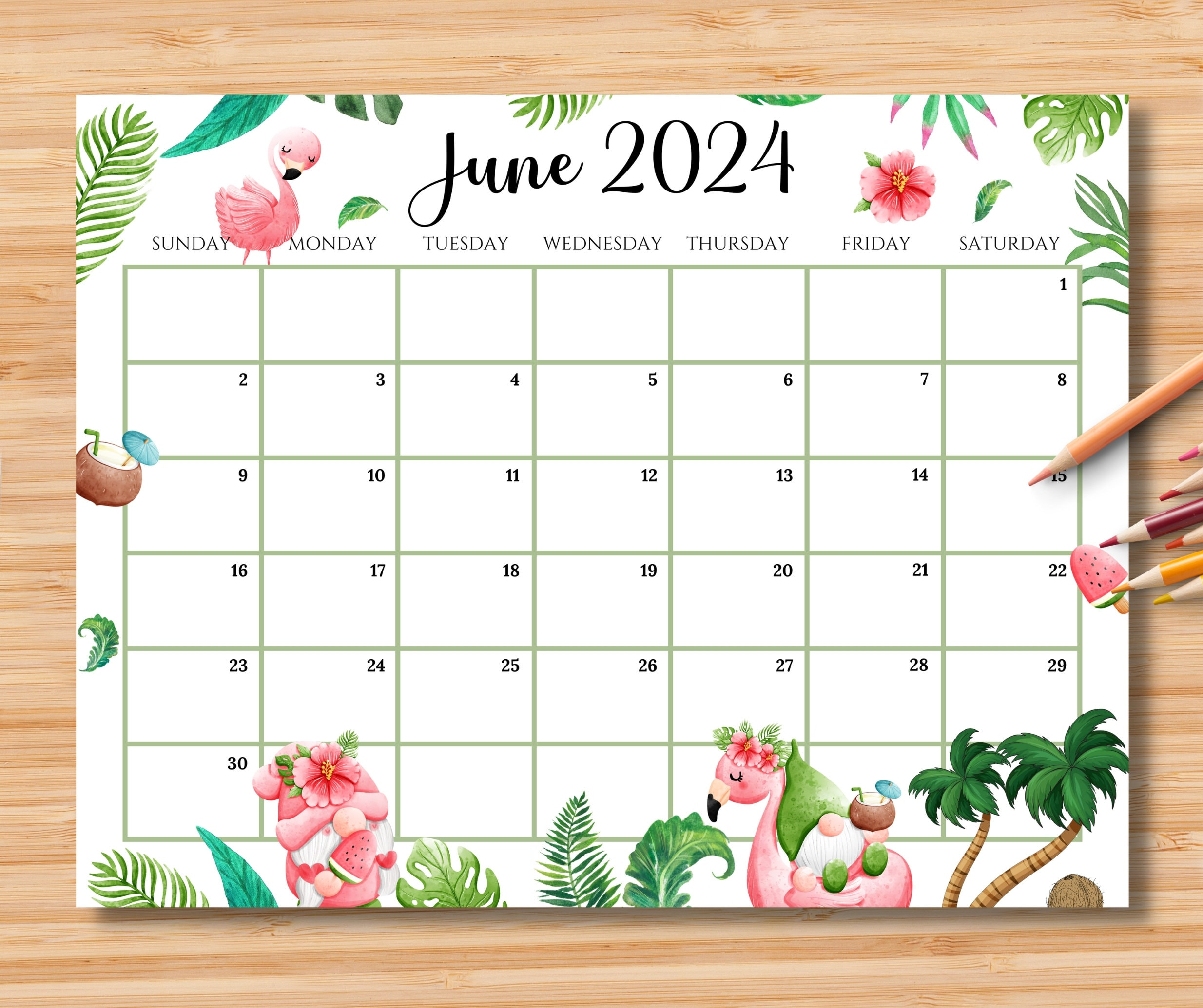 Editable June 2024 Calendar, Joyful Summer With Cute Gnomes | Cute June 2024 Calendar Printable