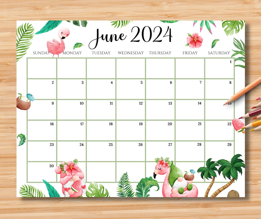 Editable June 2024 Calendar, Joyful Summer With Cute Gnomes | Cute June Calendar 2024 Printable