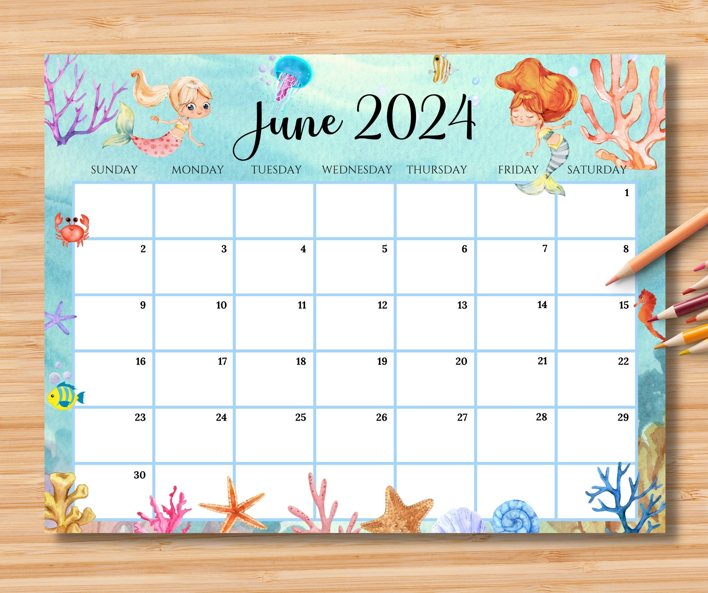 Editable June 2024 Calendar, Wonderful Summer With Cute Mermaids | Cute June Calendar 2024 Printable