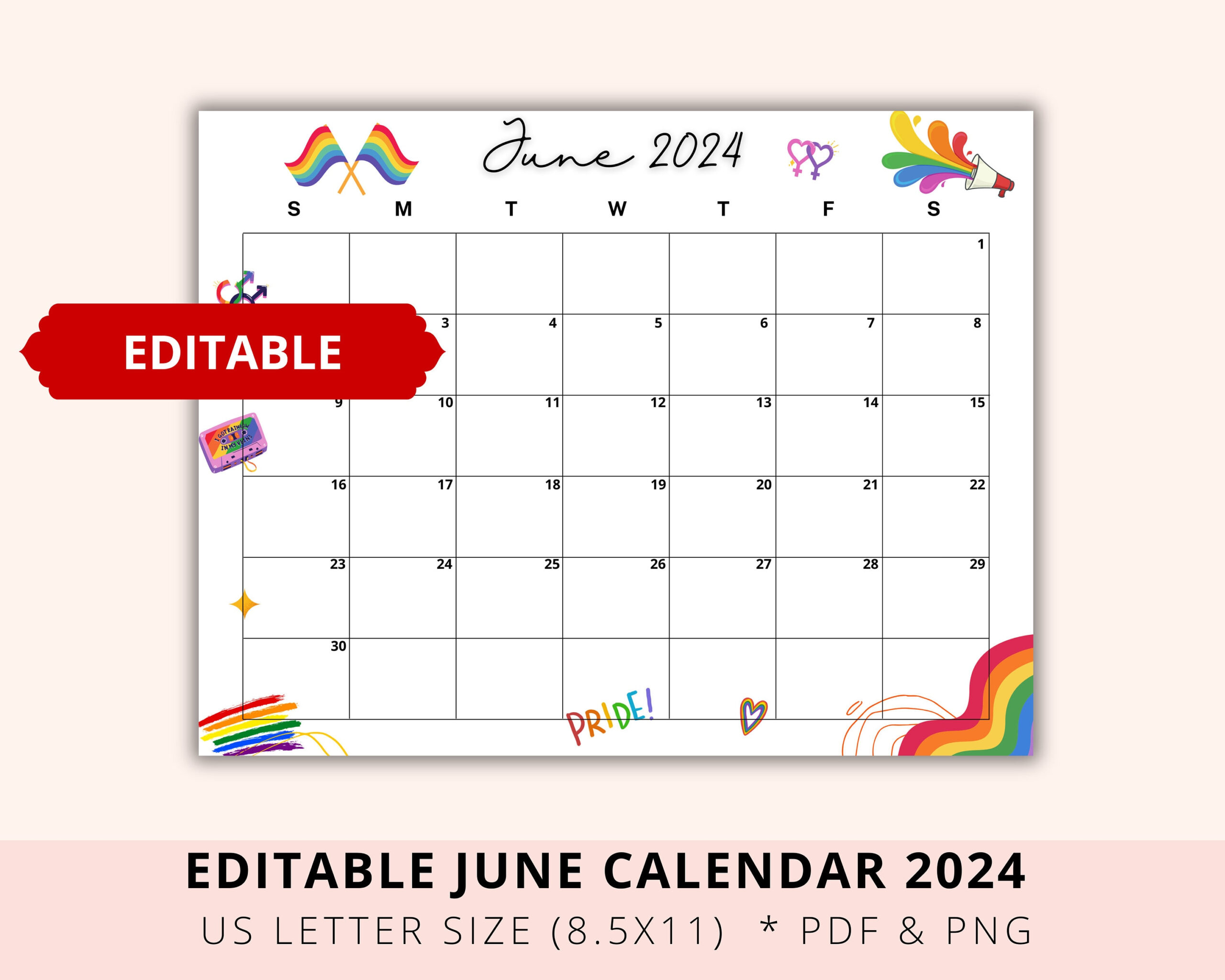 Editable June Calendar 2024, Pride Month 2024, Lgbt Proud | June Pride Month 2024 Calendar