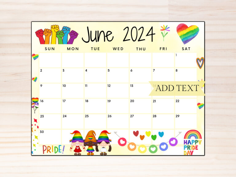 Editierbarer Kalender Juni 2024, Druckbarer Kalender, Pride | June Pride Month Calendar 2024