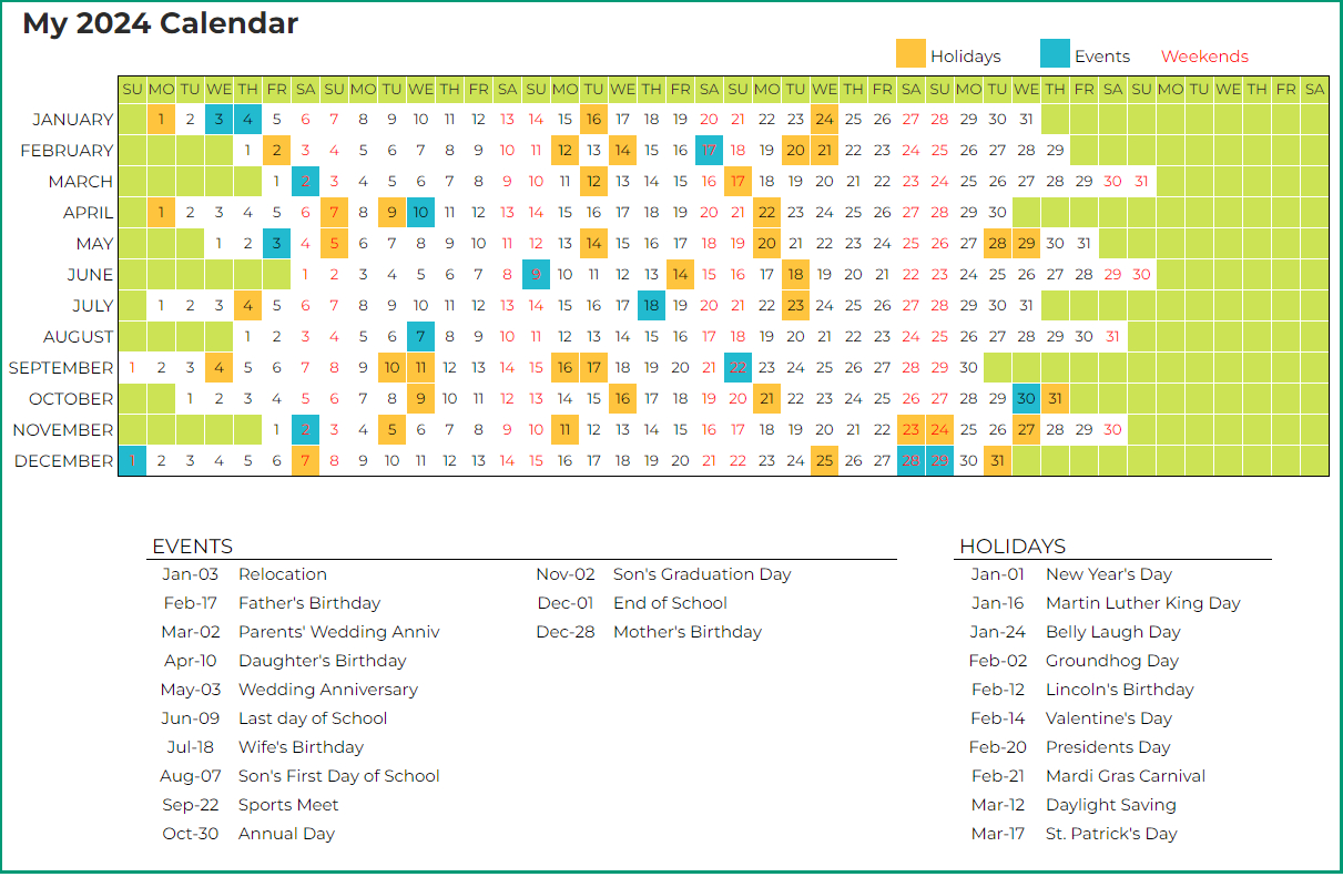 Free Calendar Template For Google Sheets - 24 Different Designs | June 2024 Calendar Google Sheets