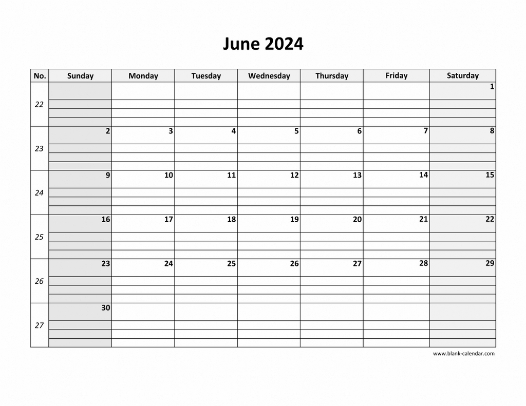 Free Download Printable June 2024 Calendar, Large Box Grid, Space | Free Printable Calendar June 2024 With Lines