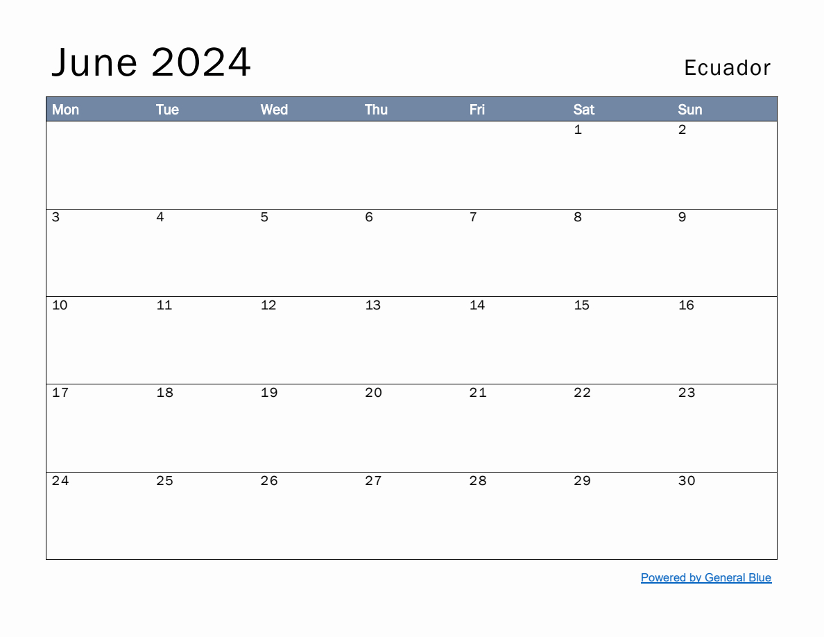 Free Monthly Calendar Template For June 2024 With Ecuador Holidays | General Blue Calendar June 2024