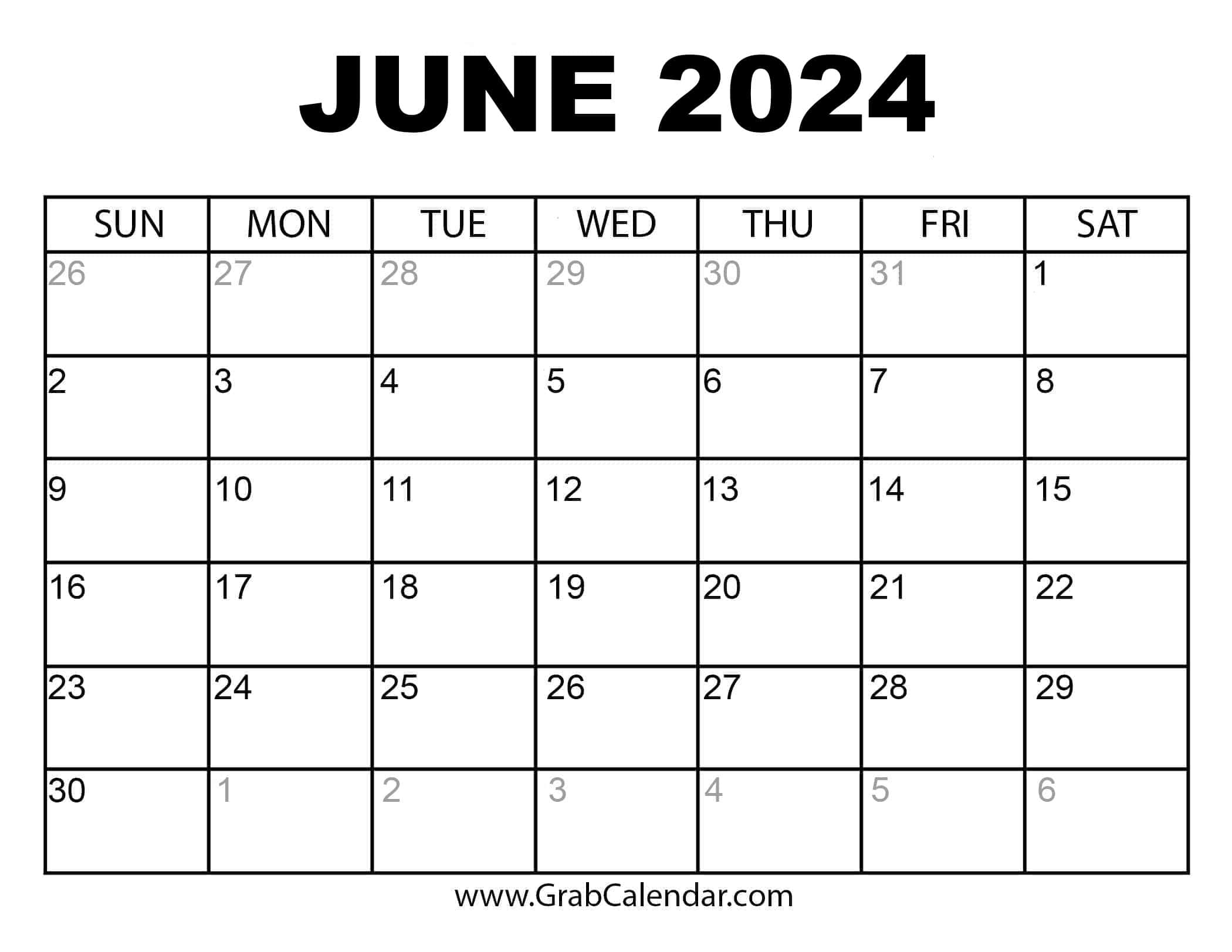 Free Printable Calendar 2024 - Grab Calendar | Free Editable June Calendar 2024