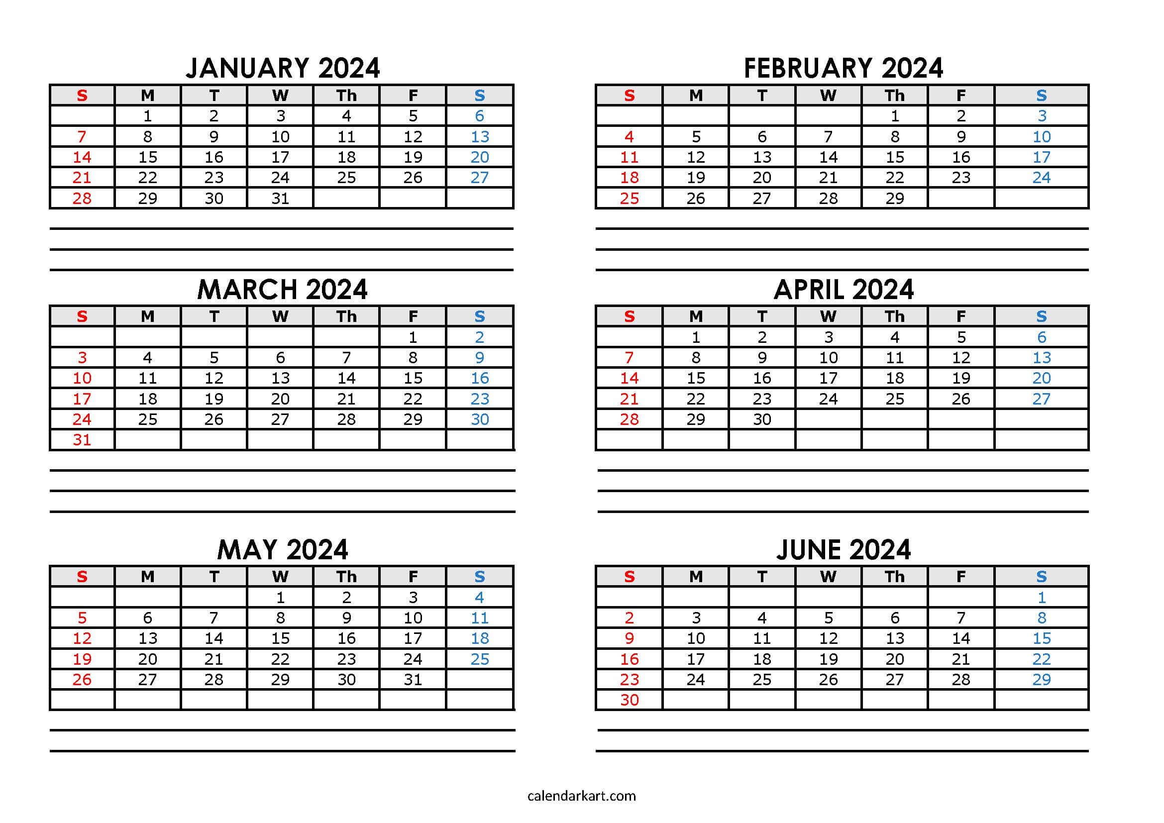 Free Printable Year At A Glance Calendar 2024 - Calendarkart | January Through June 2024 Calendar