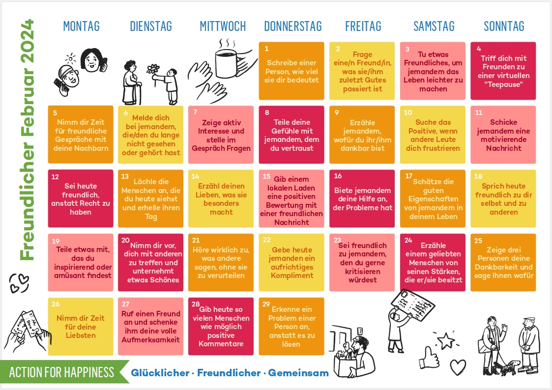 Freundlicher Februar - Action For Happiness Im Deutschsprachigen Raum | Action For Happiness Calendar June 2024