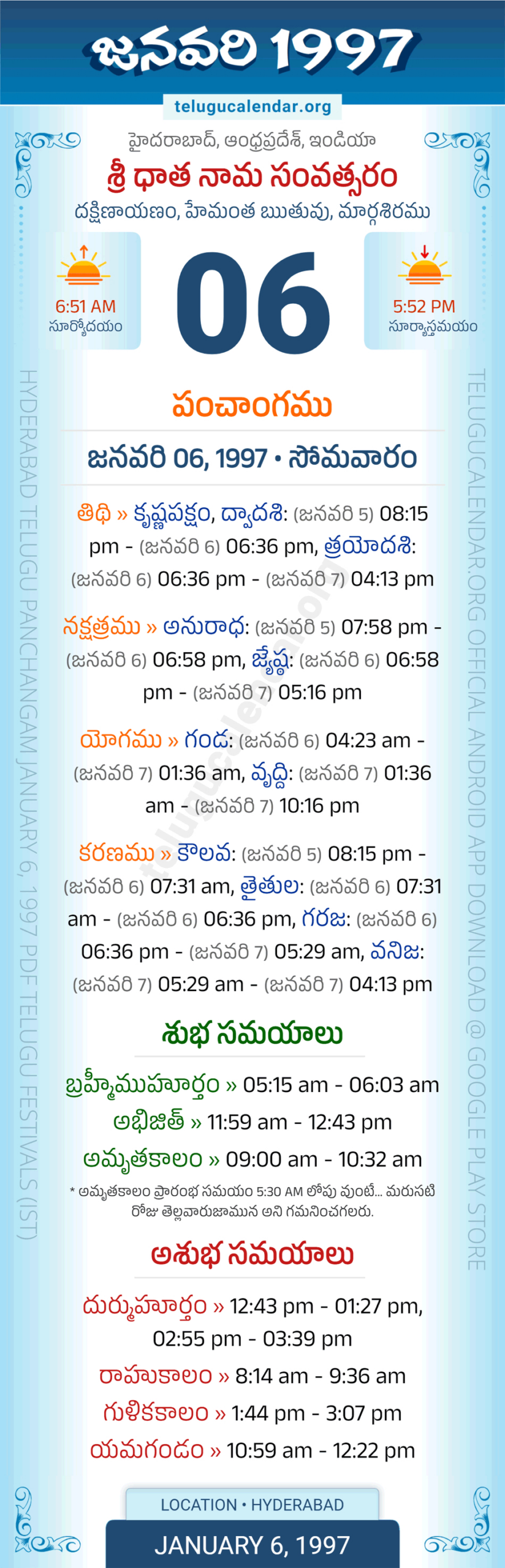 January 6, 1997 Telugu Calendar Panchangam Andhra Pradesh | 1997 June Calendar With Tithi