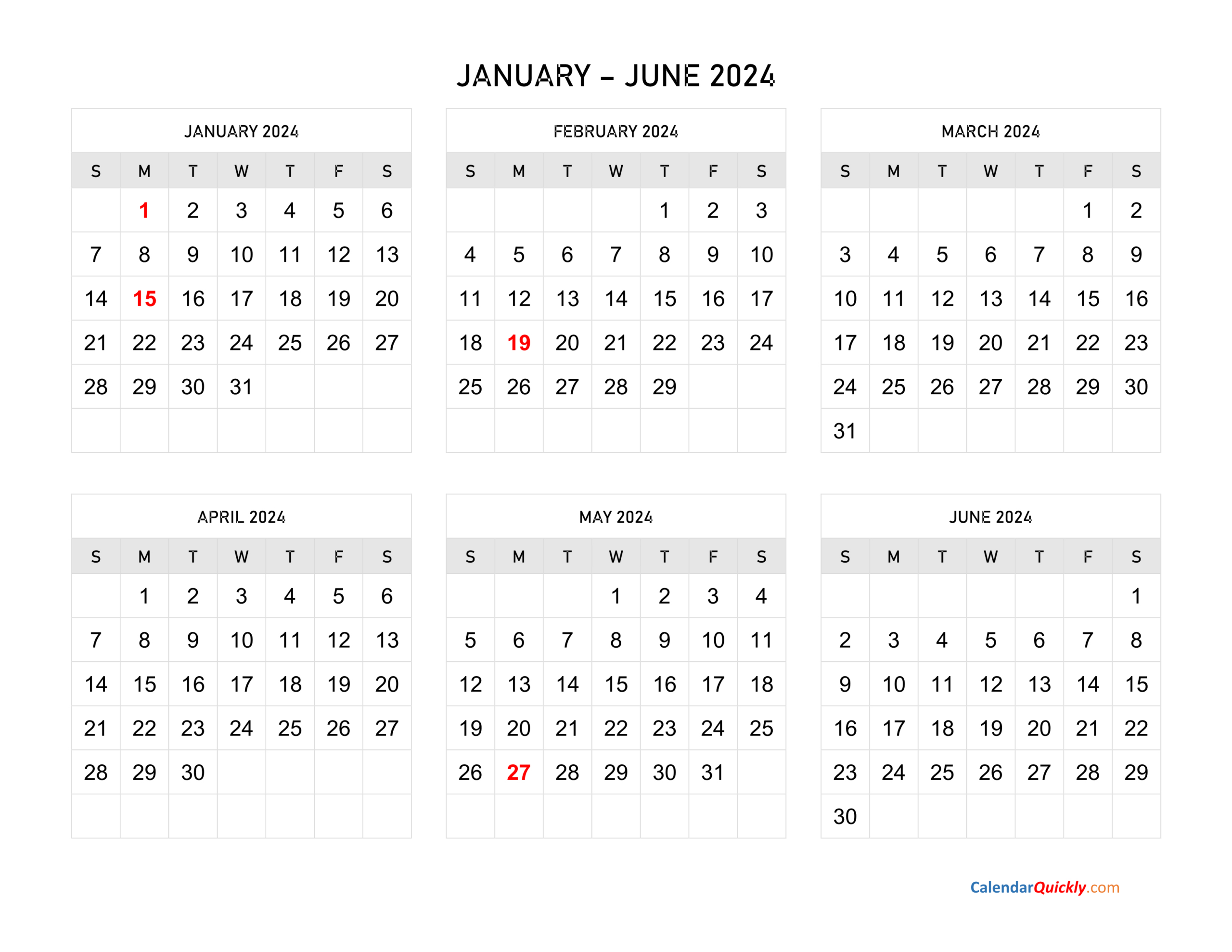 January To June 2024 Calendar Horizontal | Calendar Quickly | Jan To June 2024 Calendar