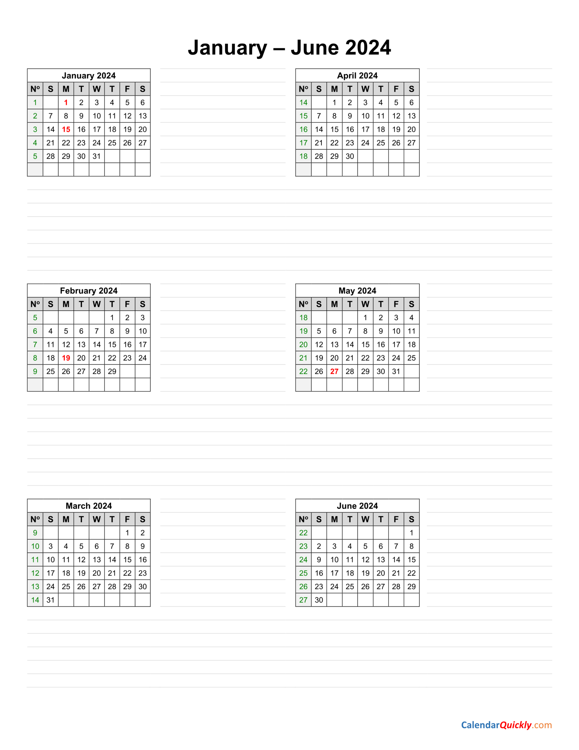 January To June 2024 Calendar Vertical | Calendar Quickly | Jan to June 2024 Calendar