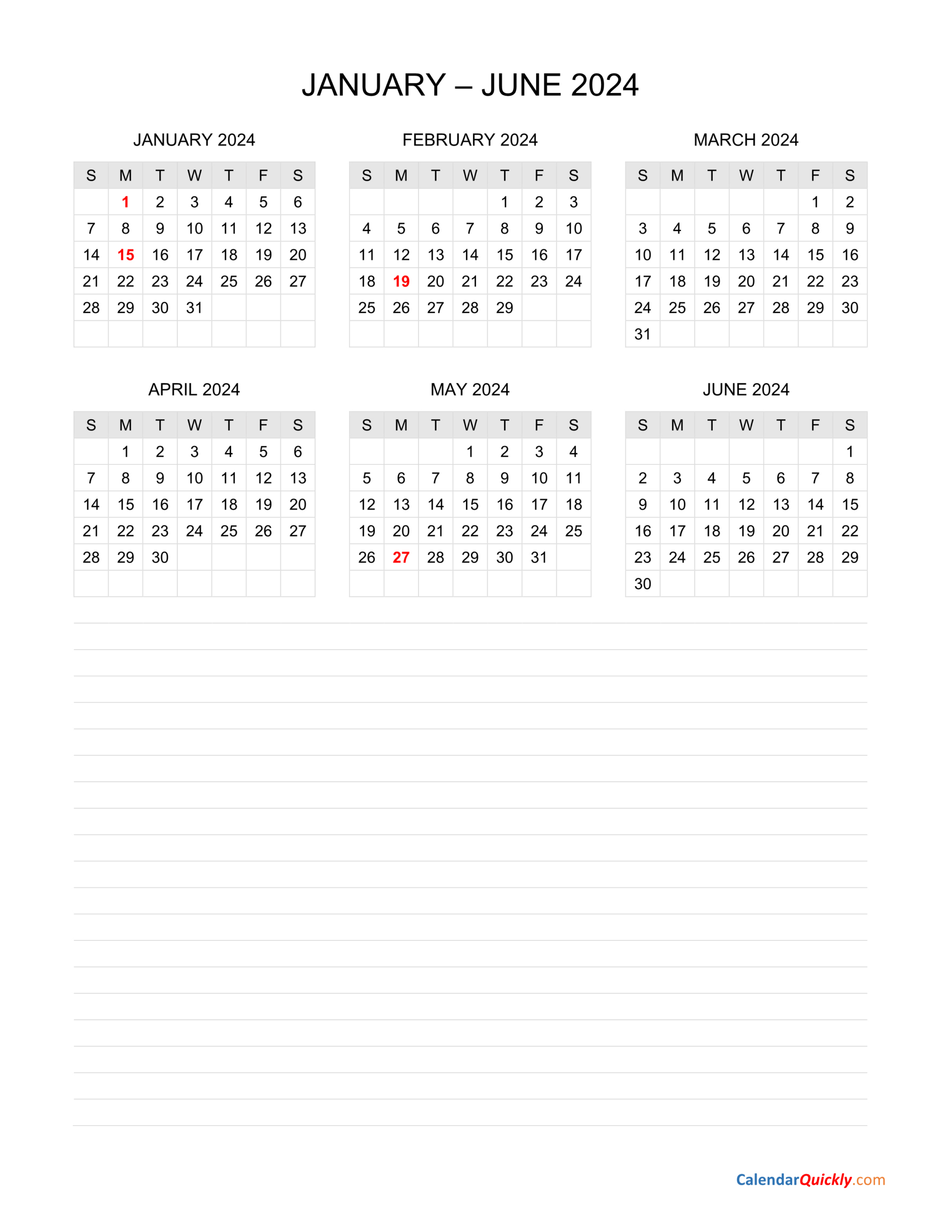 January To June 2024 Calendar With Notes | Calendar Quickly | January June 2024 Calendar Printable