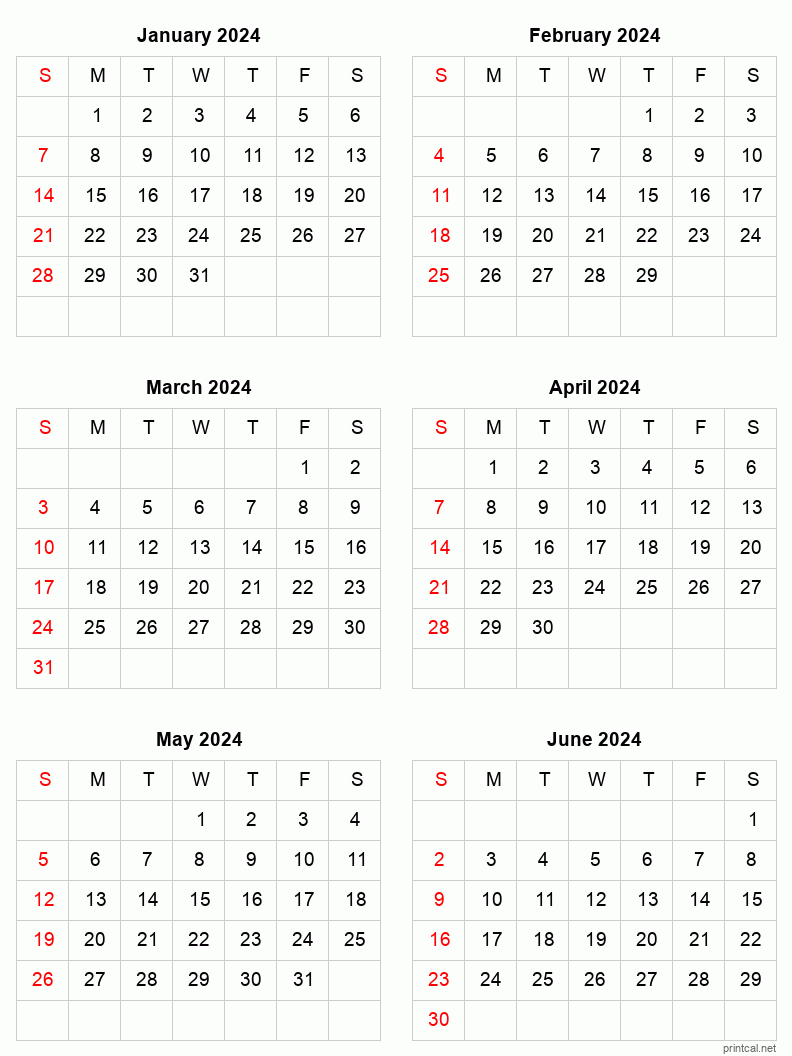 January To June 2024 Printable Calendar | Six Months Per Page | Jan to June 2024 Calendar