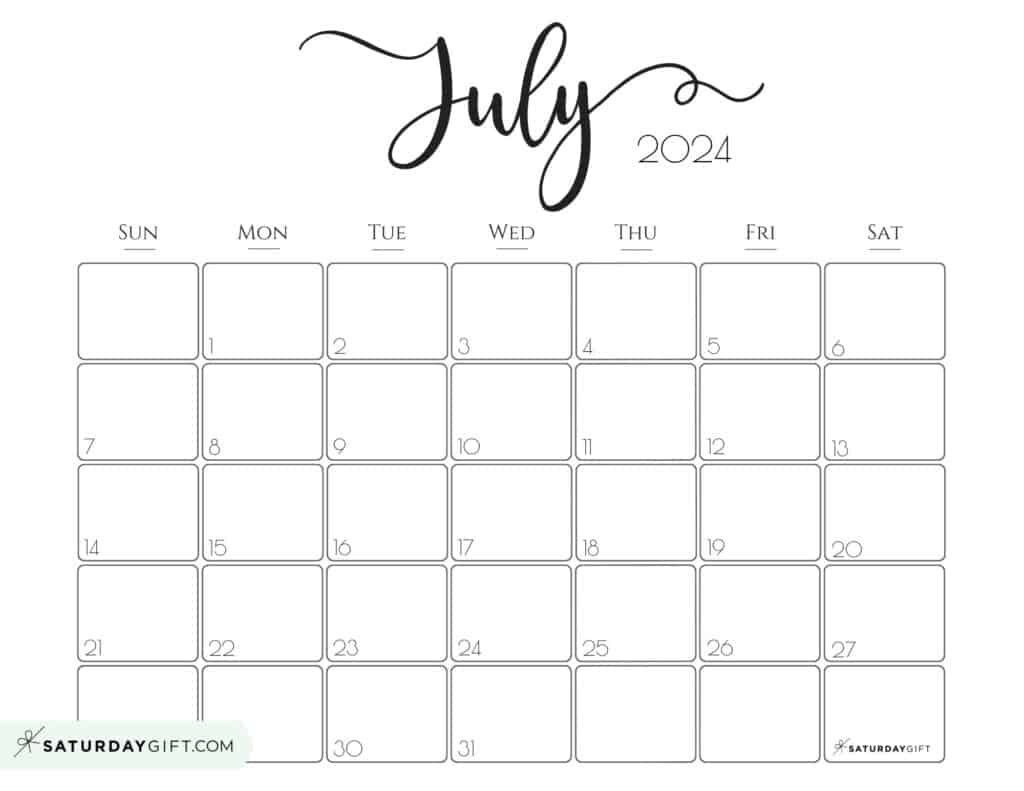 July 2024 Calendar - 20 Cute &amp;amp; Free Printables | Saturdaygift | July 2024 to June 2024 Calendar Printable