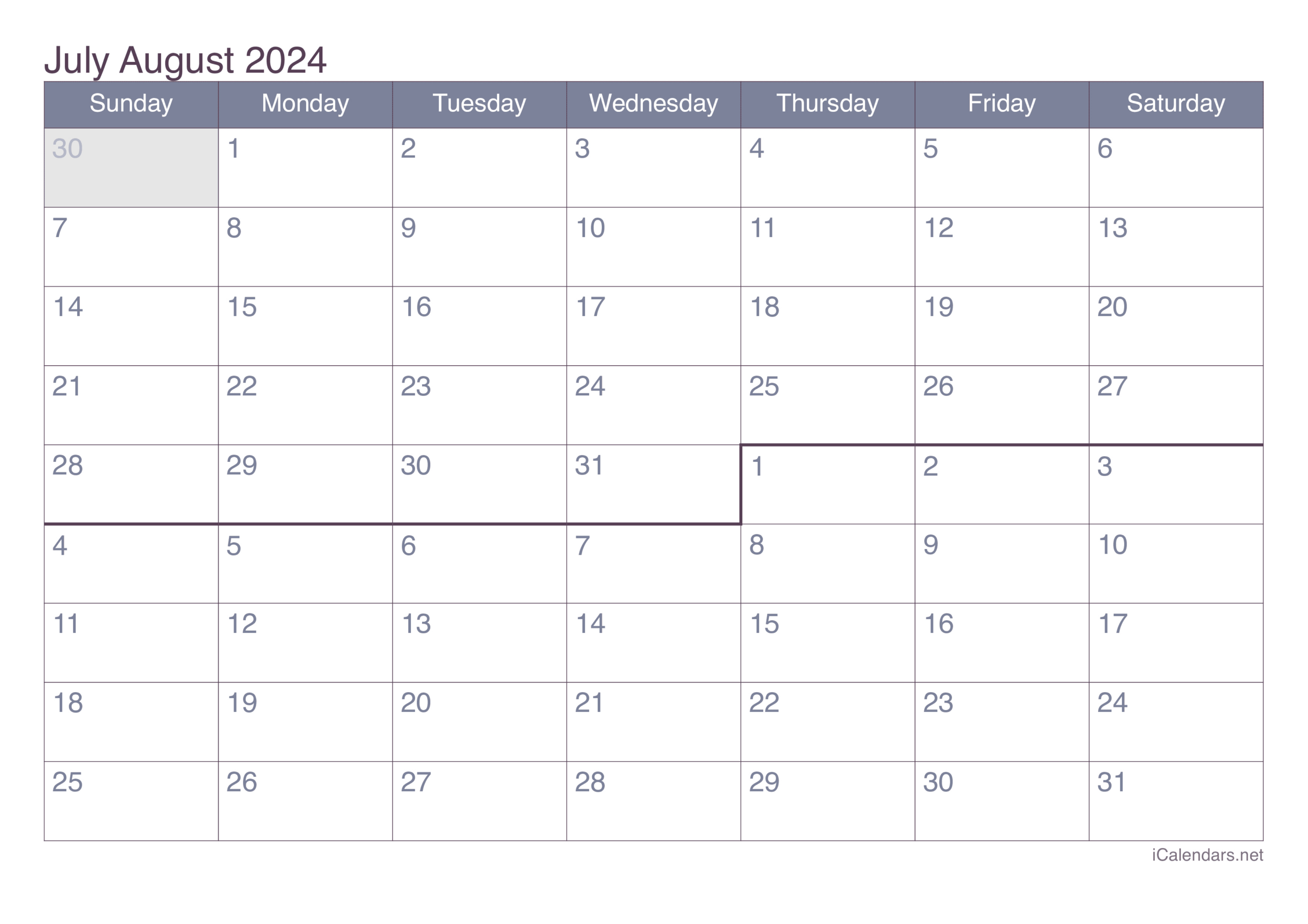 July And August 2024 Printable Calendar | 2024 Calendar June and July