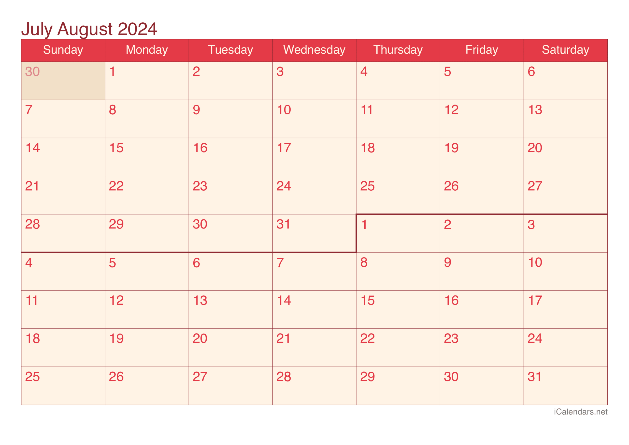 July And August 2024 Printable Calendar | 2024 Calendar June July August