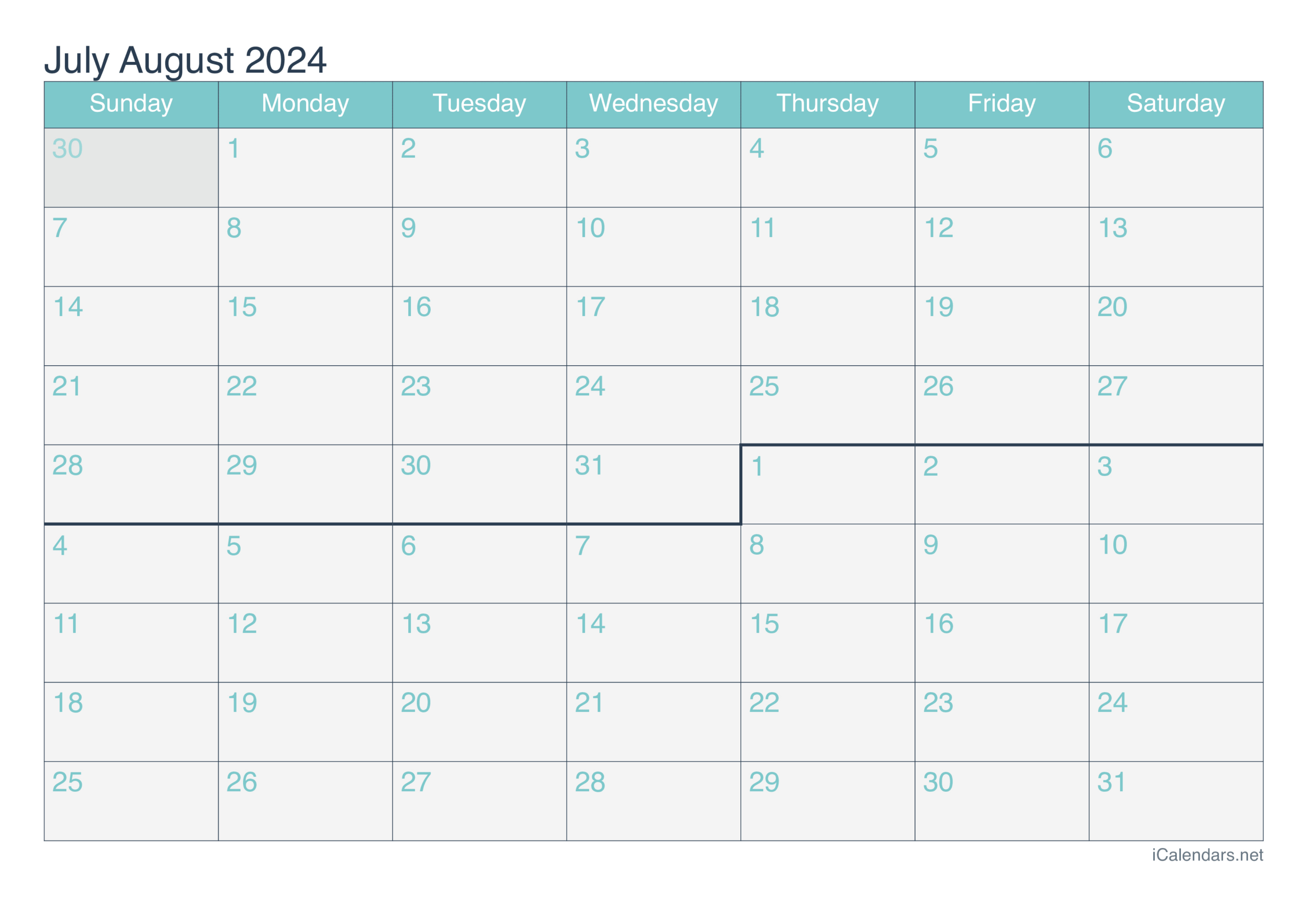 July And August 2024 Printable Calendar | Print June July August 2024 Calendar