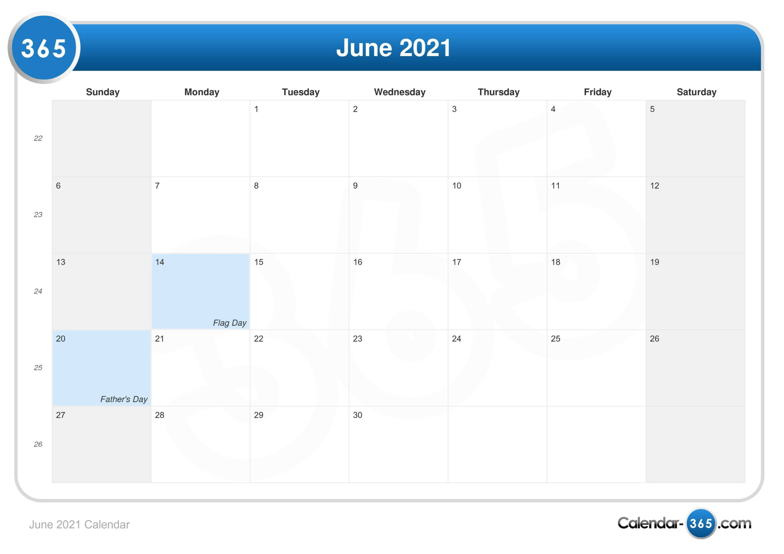 June 2021 Calendar | Last Day of June Calendar