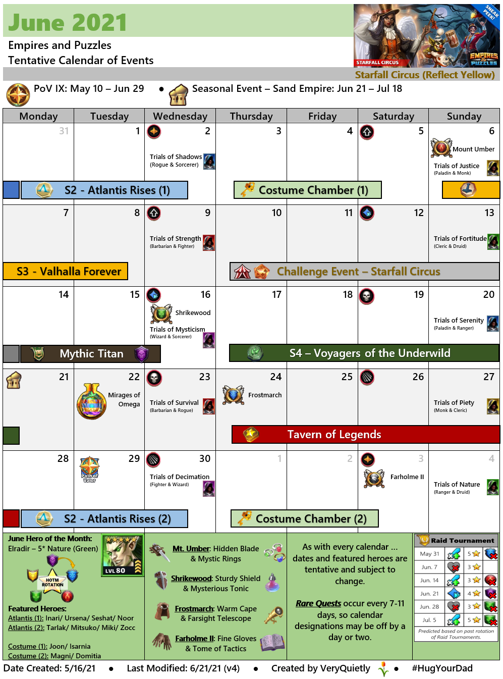 June 2021 Tentative Calendar (Events, Trials, Rare Quests | Empires And Puzzles June Calendar