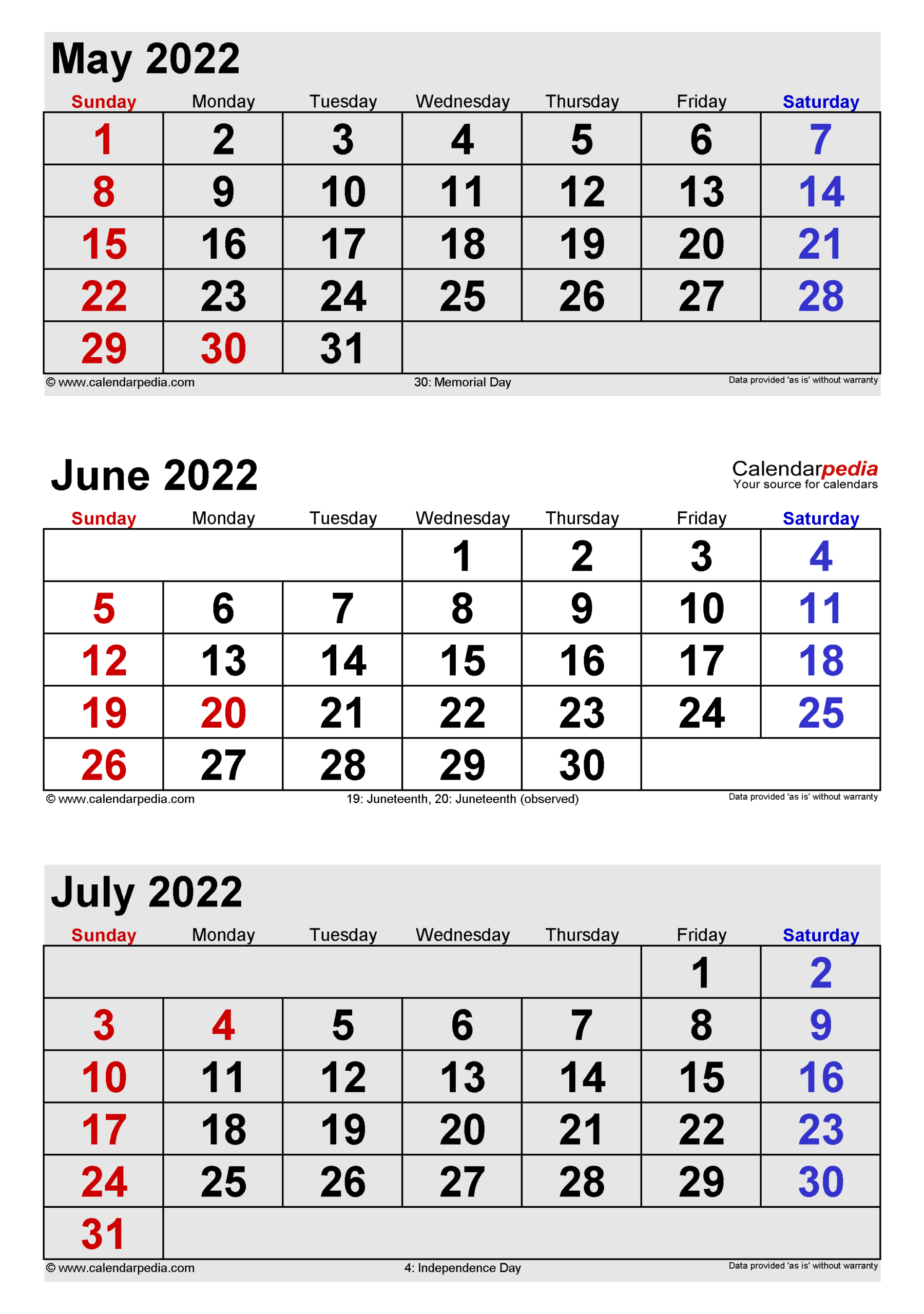 June 2022 Calendar | Templates For Word, Excel And Pdf | 3 Month Calendar May June July