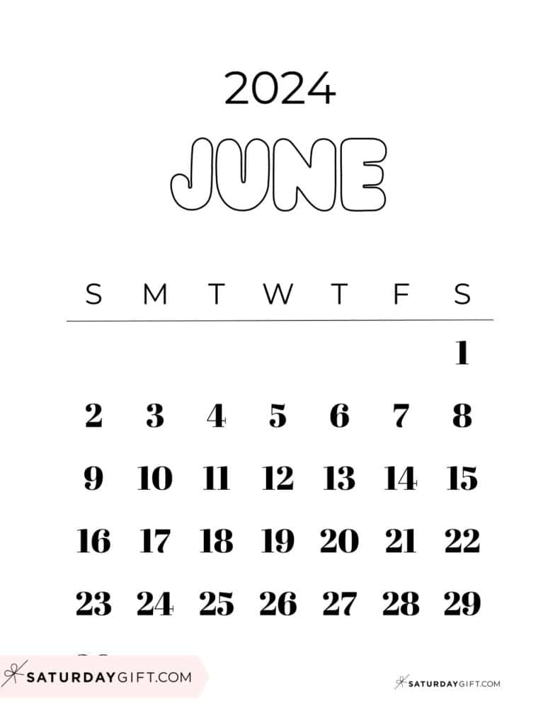 June 2024 Calendar - 20 Cute &amp;amp; Free Printables | Saturdaygift | Black and White June Calendar