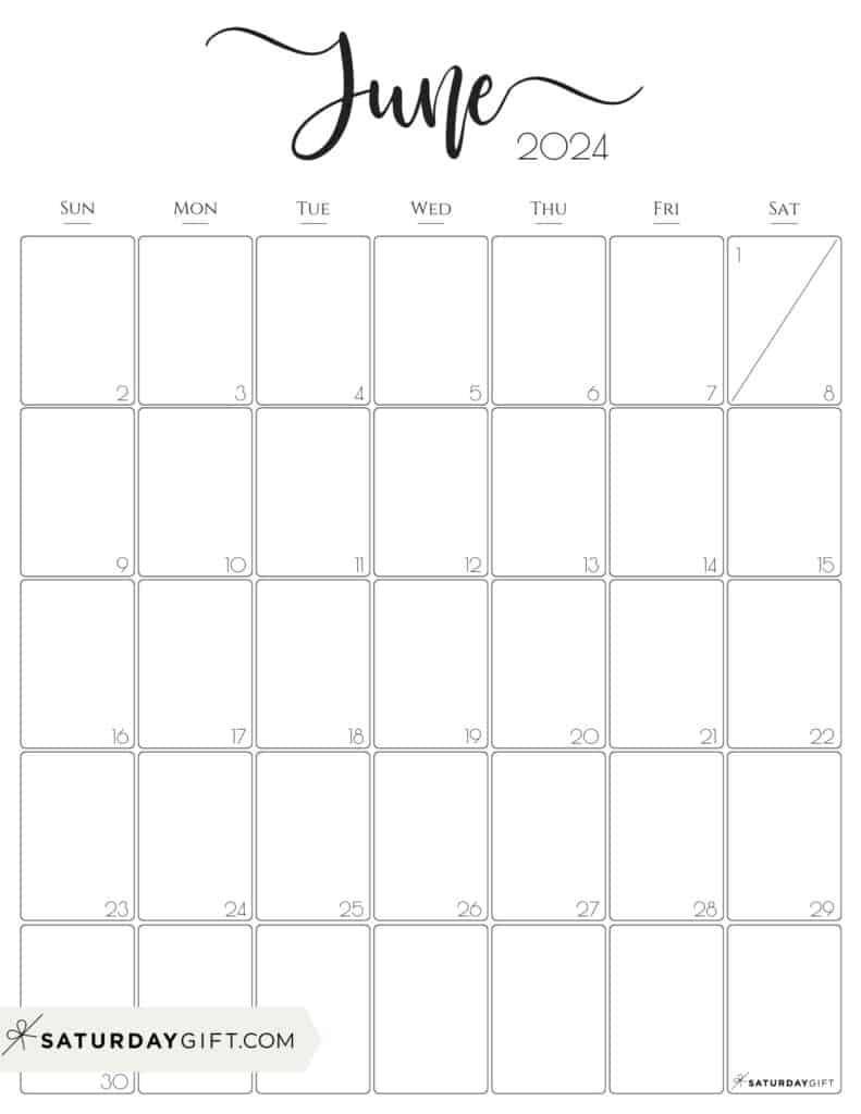 June 2024 Calendar - 20 Cute &amp;amp; Free Printables | Saturdaygift | Blank June Calendar 2024 Printable