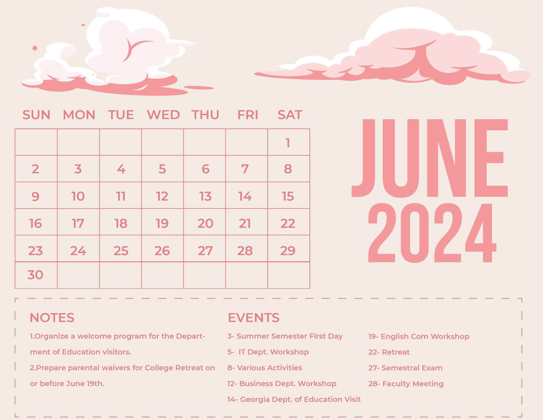 June 2024 Calendar In Eps, Illustrator, Jpg, Word, Svg - Download | Editable June 2024 Calendar Word