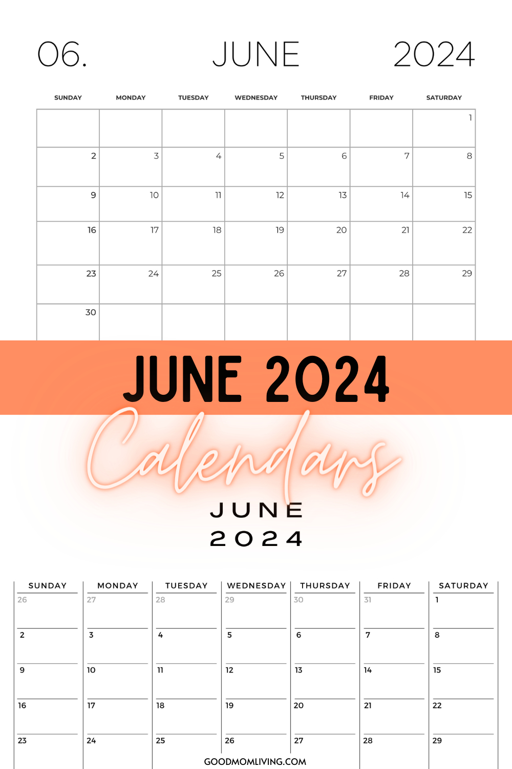 June 2024 Calendar Printable (Free Calendars) - Good Mom Living | January To June 2024 Calendar